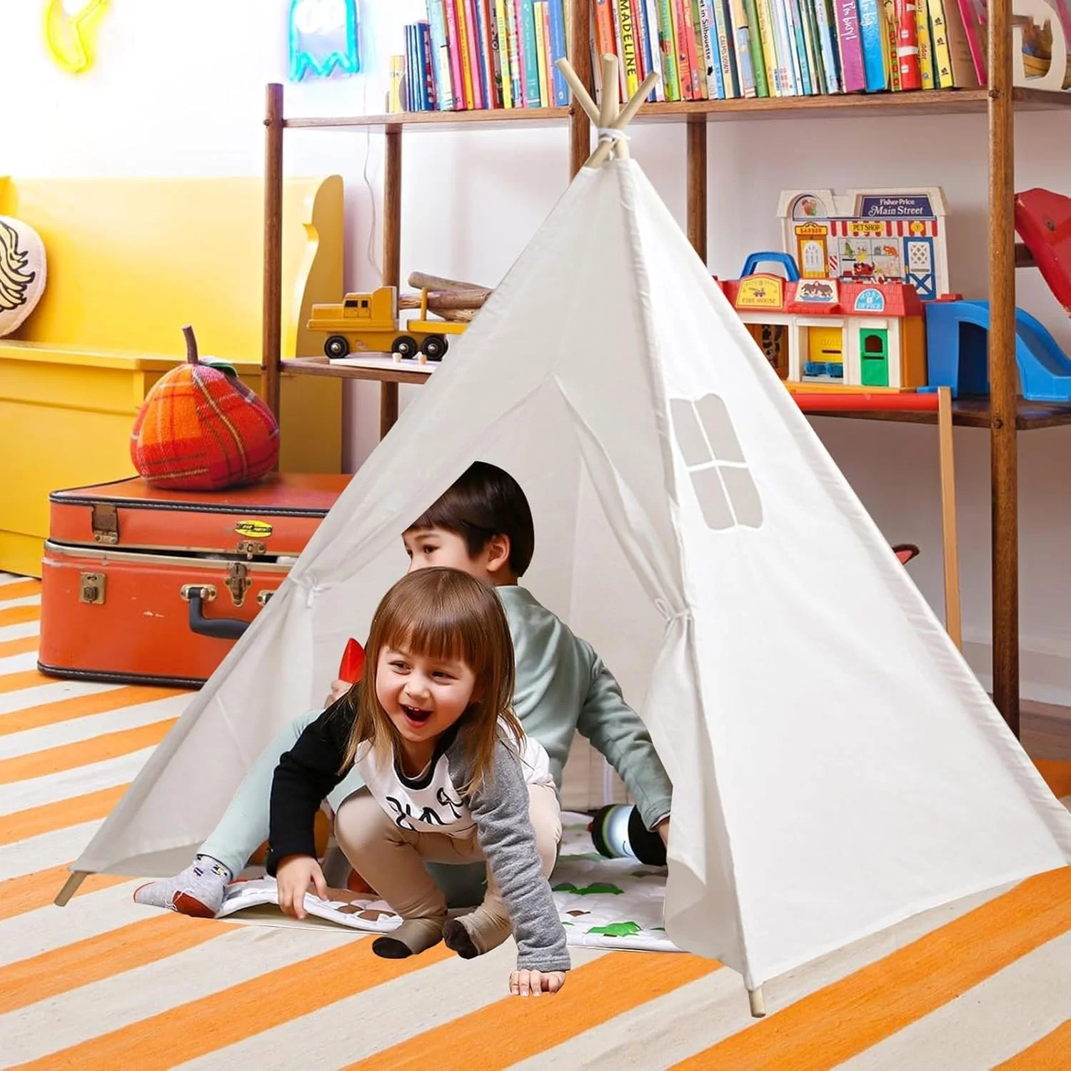 چادر تیپی AUTOYSUR برای کودکان، چادر بازی تاشو برای کودکان، چادر بازی خانه بازی هدیه دخترانه پسرانه برای بازی های داخل خانه کودکان با بوم پنبه ای، میله های صیقلی (سفید) چادر تیپی AUTOYSUR برای کودکان، چادر بازی تاشو برای کودکان، چادر بازی خانه بازی هدیه دخترانه پسرانه برای بازی های داخل خانه کودکان با بوم پنبه ای، میله های صیقلی (سفید)