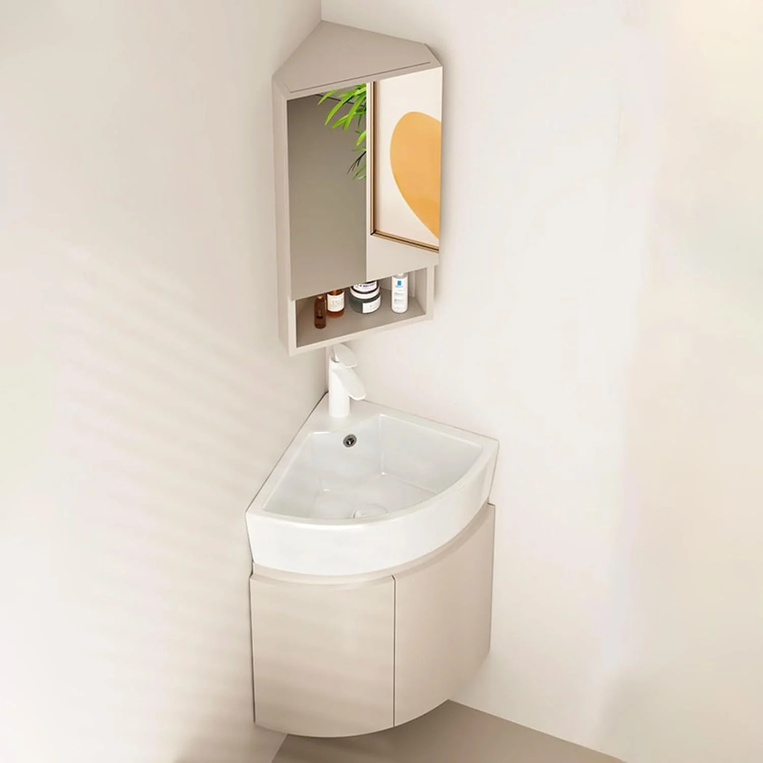 روشویی کنجی دیواری YUGXTH، روشویی کابینتی کنجی، کابینت کنجی حمام با محفظه نگهداری و آینه، روشویی سرامیکی برای فضاهای کوچک (33 سانتی متر / 13 اینچ)