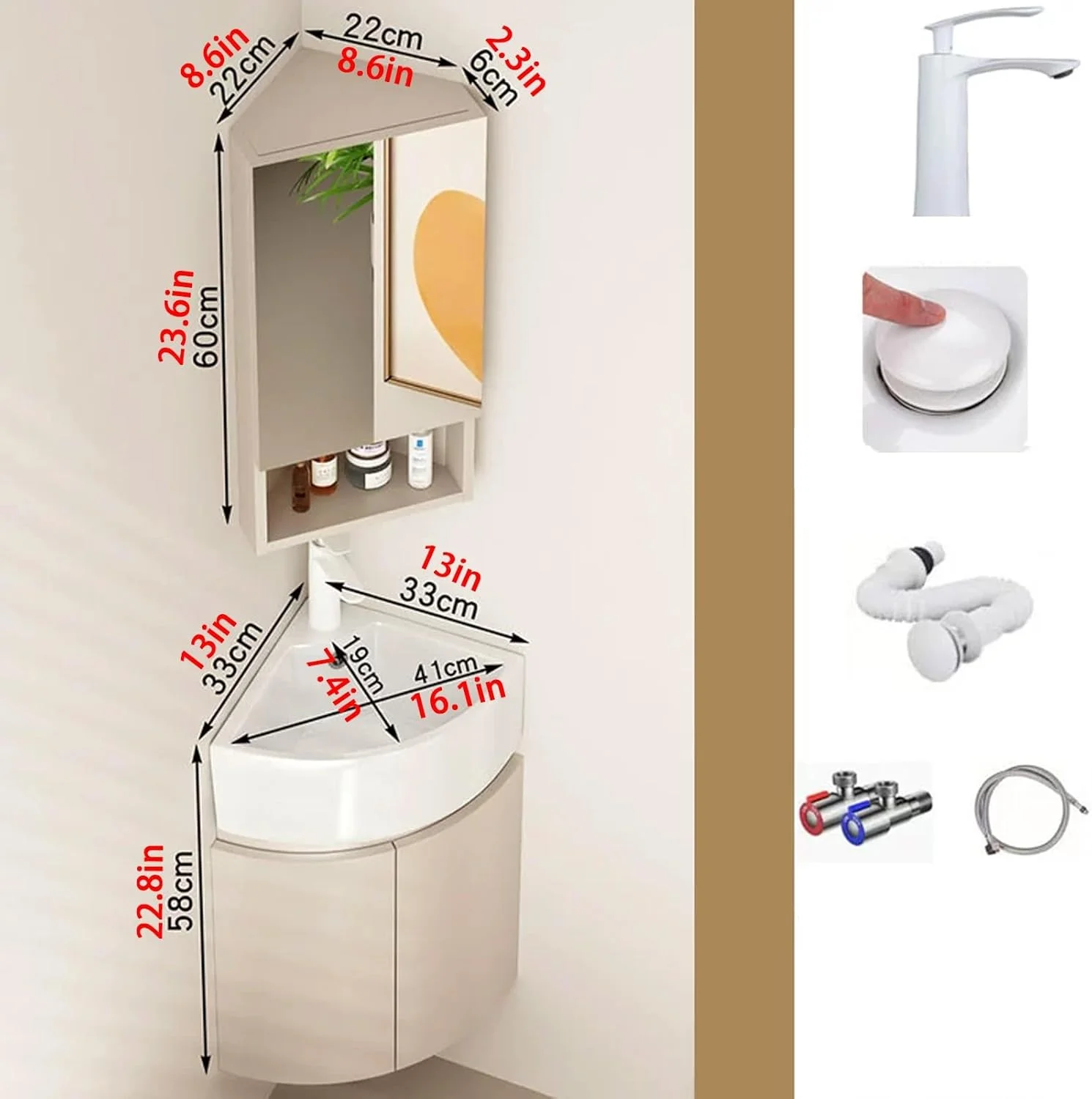 روشویی کنجی دیواری YUGXTH، روشویی کابینتی کنجی، کابینت کنجی حمام با محفظه نگهداری و آینه، روشویی سرامیکی برای فضاهای کوچک (33 سانتی متر / 13 اینچ)