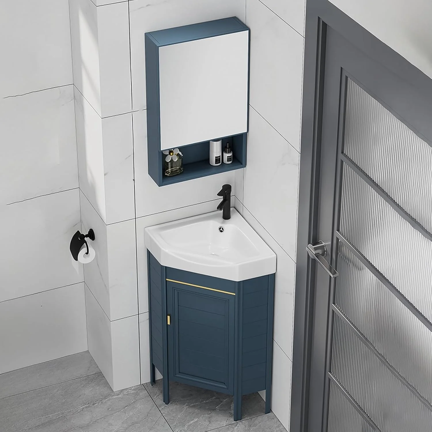 روشویی کنجی YUGXTH، کابینت کنجی سرامیکی، روشویی ایستاده کنجی با آینه، سینک مثلثی برای آشپزخانه، سرویس بهداشتی منزل (43 سانتی متر)