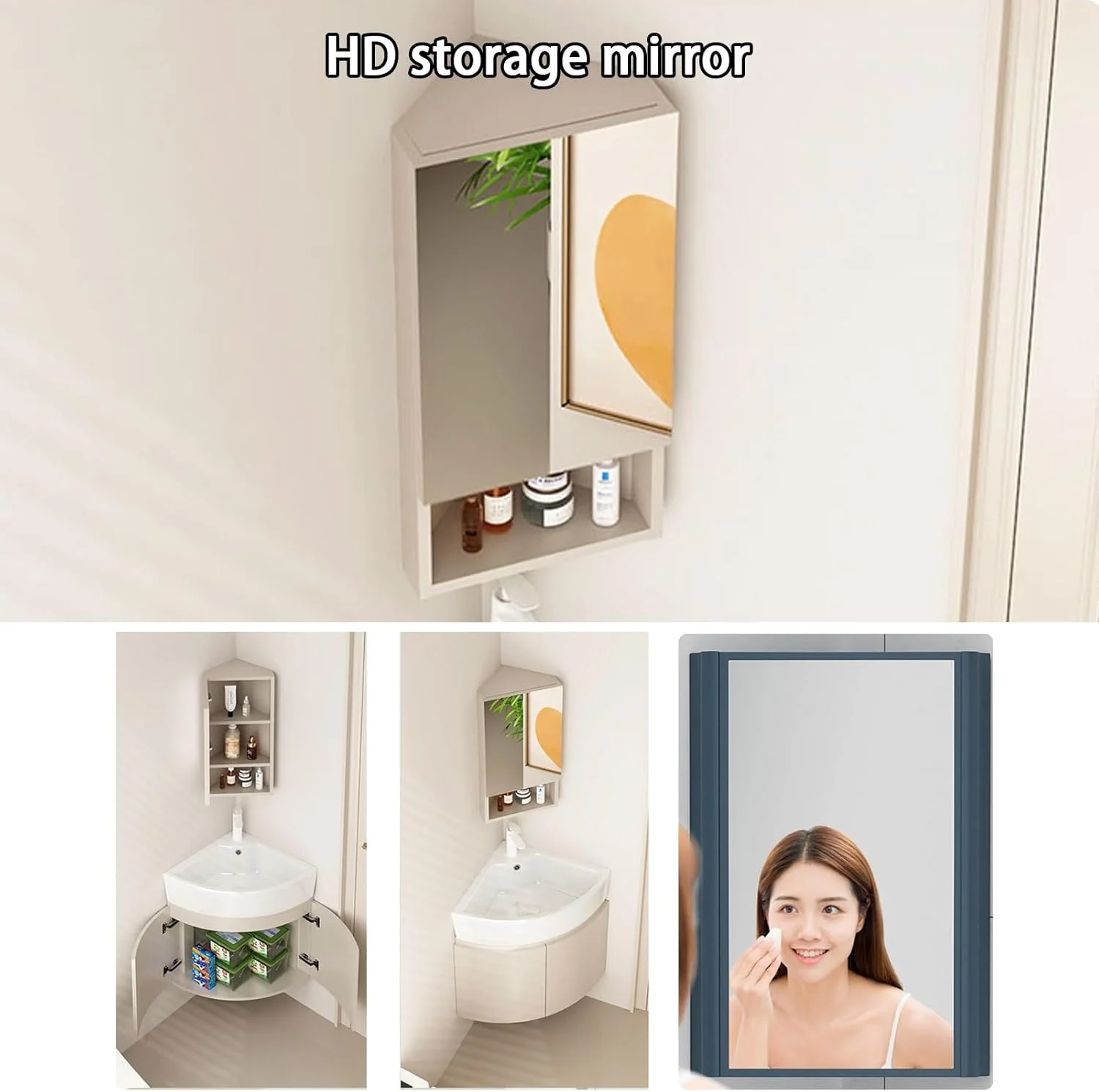 روشویی کنجی دیواری YUGXTH، روشویی کابینتی کنجی، کابینت کنجی حمام با محفظه نگهداری و آینه، روشویی سرامیکی برای فضاهای کوچک (33 سانتی متر / 13 اینچ)