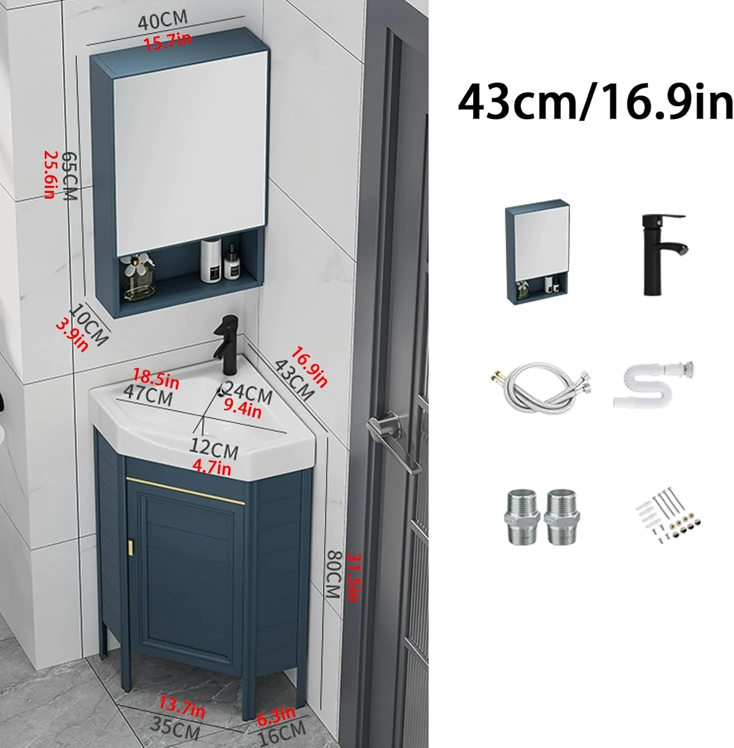 روشویی کنجی YUGXTH، کابینت کنجی سرامیکی، روشویی ایستاده کنجی با آینه، سینک مثلثی برای آشپزخانه، سرویس بهداشتی منزل (43 سانتی متر)