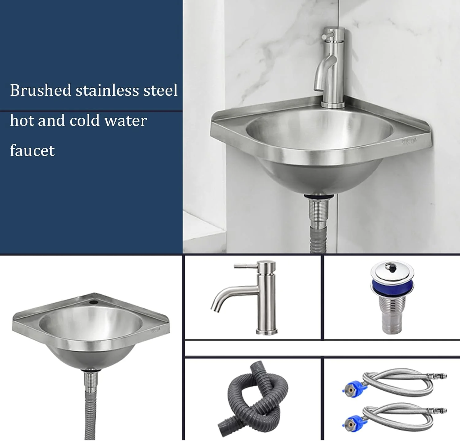 سینک ظرفشویی، روشویی گوشه ای دیواری استیل ضد زنگ، روشویی حمام، روشویی رومیزی حمام، سینک تک لگنه با شیر و لوله تخلیه (شفاف B)