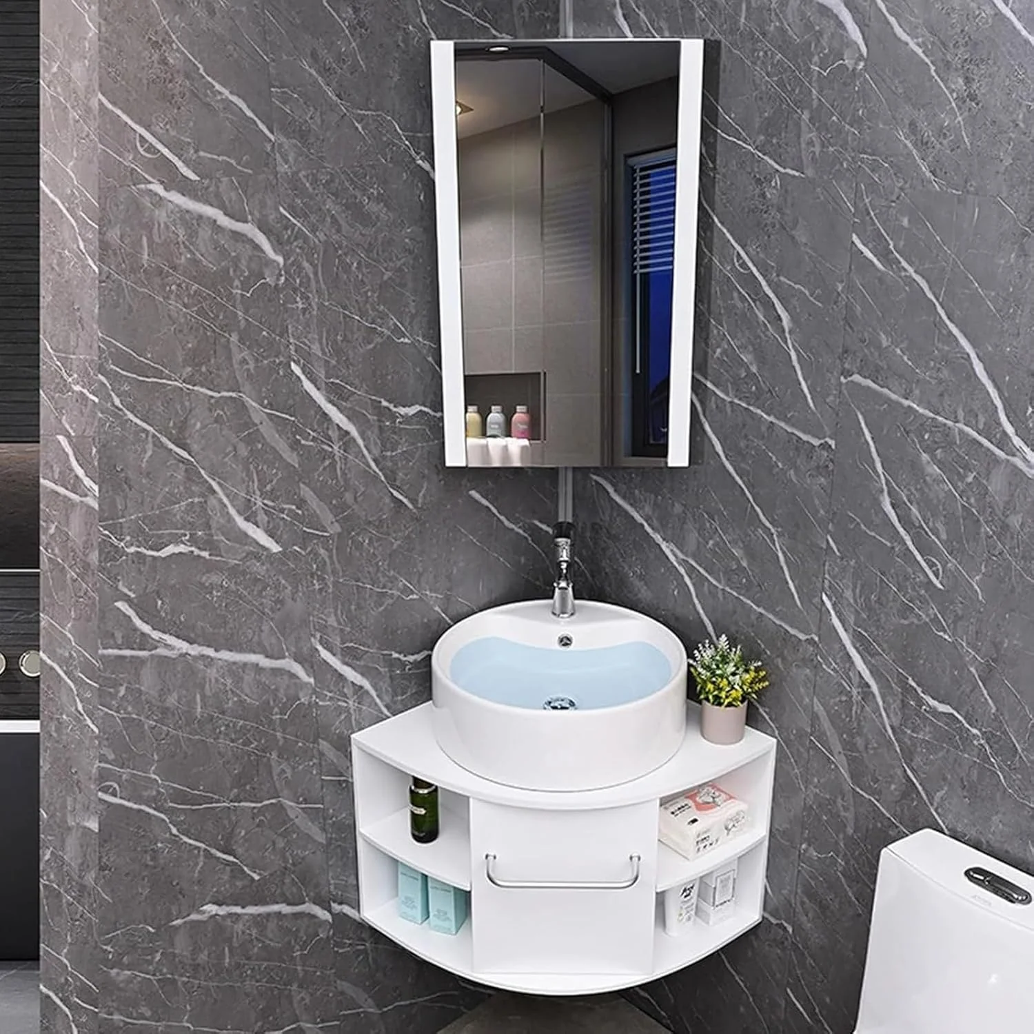 روشویی کنجی رایانانگ، کابینت PVC، کاسه گرد سرامیکی برای فضاهای کوچک