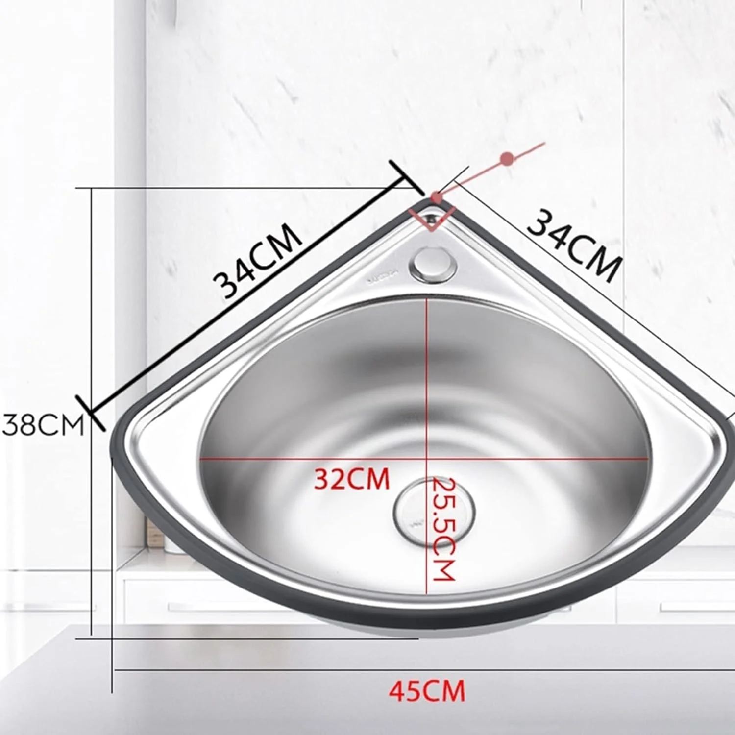 سینک گوشه ای استیل ضد زنگ، روشویی حمام، سینک مثلثی دیواری، مناسب برای آشپزخانه، حمام و دستشویی، نقره ای-B (34x34 سانتی متر)