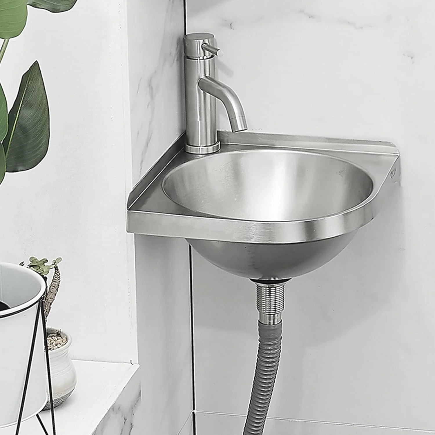 سینک ظرفشویی آشپزخانه، روشویی استیل دیواری گوشه ای، روشویی حمام، روشویی رومیزی حمام، سینک تک لگنه با شیر و لوله تخلیه، مناسب برای استفاده در بارها، کافه ها، آشپزخانه ها