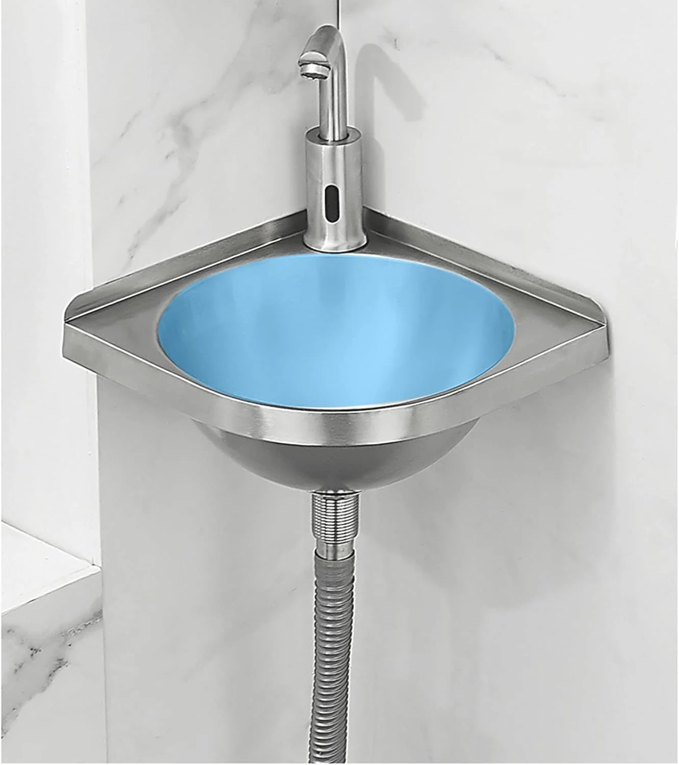 سینک ظرفشویی آشپزخانه، روشویی استیل دیواری گوشه ای، روشویی حمام، روشویی رومیزی حمام، سینک تک لگنه با شیر و لوله تخلیه، مناسب برای استفاده در بارها، کافه ها، آشپزخانه ها