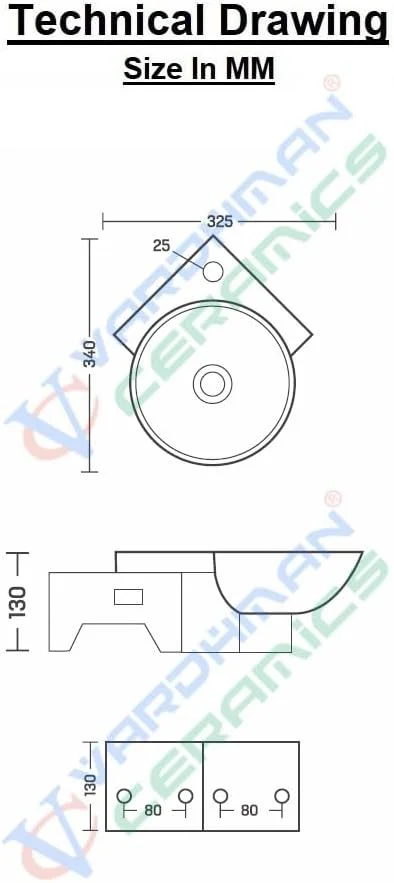 روشویی سرامیکی گوشه ای Vardhman، نصب دیواری، روکش براق، سینک سفید برای حمام (33x33x13 سانتی متر)