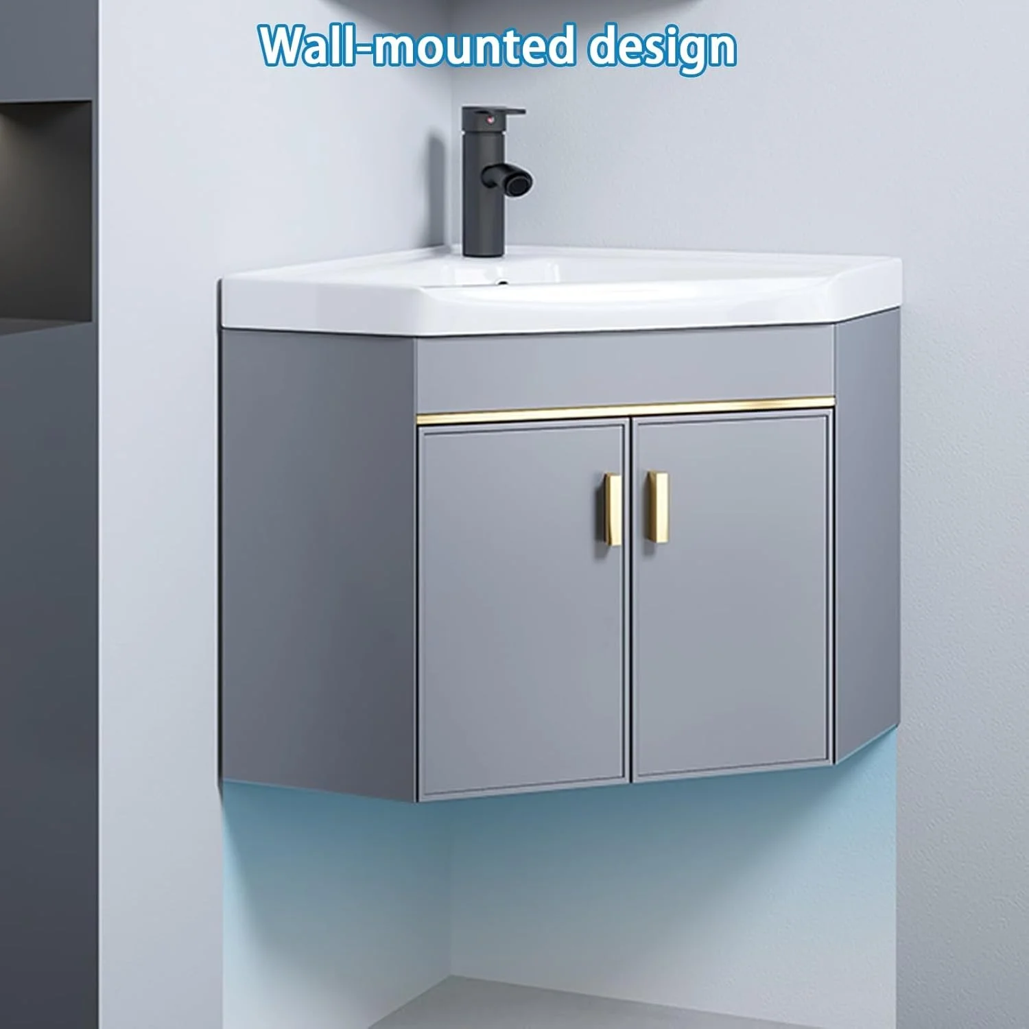 سینک گوشه ای حمام YUGXTH، کابینت روشویی مثلثی حمام، سینک سرامیکی دیواری، کابینت ذخیره سازی حمام، سینک روشویی گوشه ای برای خانه (48 سانتی متر / 18.8 اینچ)