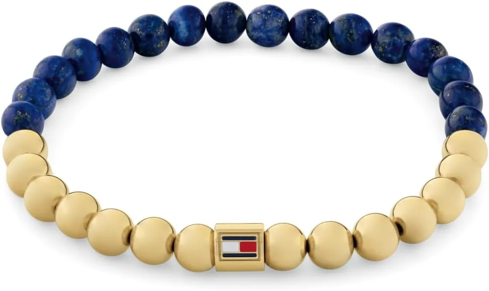 دستبند زنانه تومی هیلفیگر با روکش طلایی نازک و مهره های لاجورد آبی