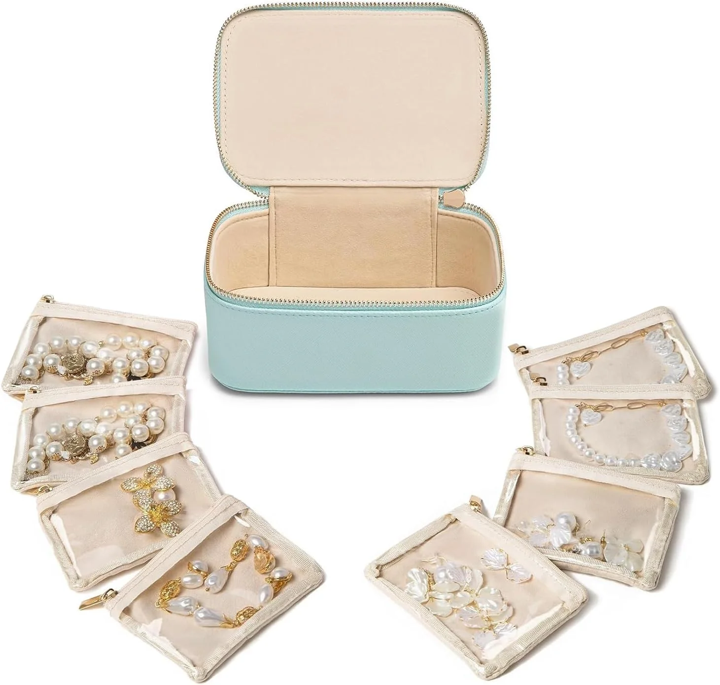 جعبه جواهرات با ۸ کیف زیپ دار مخملی، جعبه نگهداری جواهرات مسافرتی قابل حمل، برای زنان و دختران، برای گردنبند، گوشواره، دستبند و انگشتر