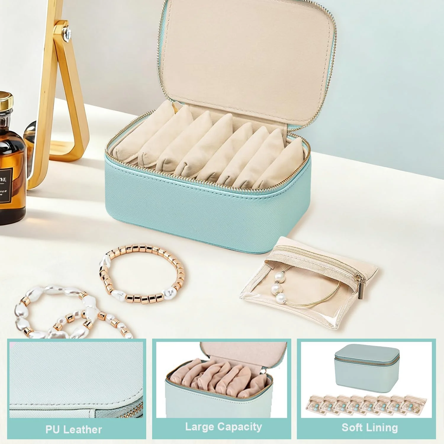 جعبه جواهرات با ۸ کیف زیپ دار مخملی، جعبه نگهداری جواهرات مسافرتی قابل حمل، برای زنان و دختران، برای گردنبند، گوشواره، دستبند و انگشتر
