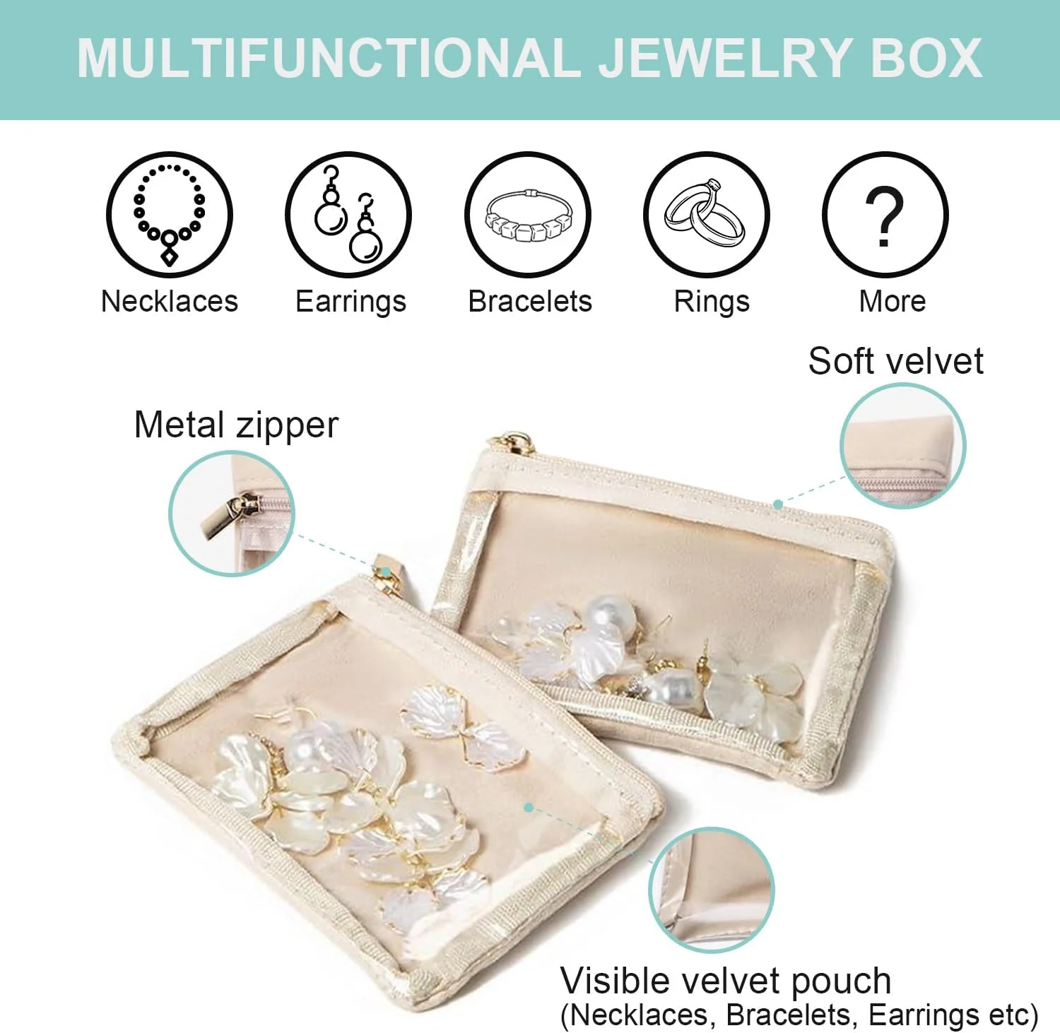 جعبه جواهرات با ۸ کیف زیپ دار مخملی، جعبه نگهداری جواهرات مسافرتی قابل حمل، برای زنان و دختران، برای گردنبند، گوشواره، دستبند و انگشتر