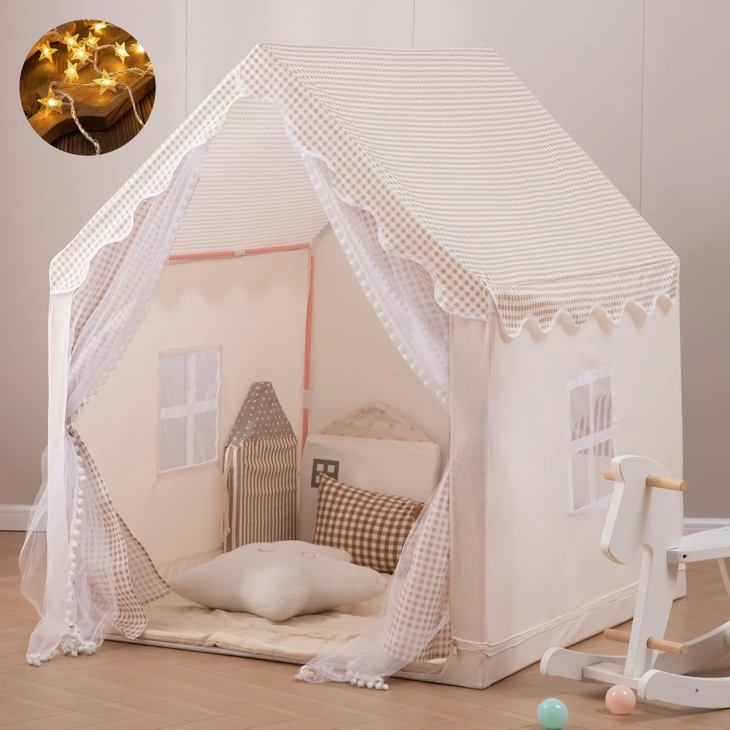 چادر بازی کودکان به همراه ریسه چراغ ستاره ای، مناسب برای پسران و دختران، خانه بازی شاهزاده خانم در فضای داخلی، خانه کوچک پیک نیک در فضای باز، هدیه تولد کودکان