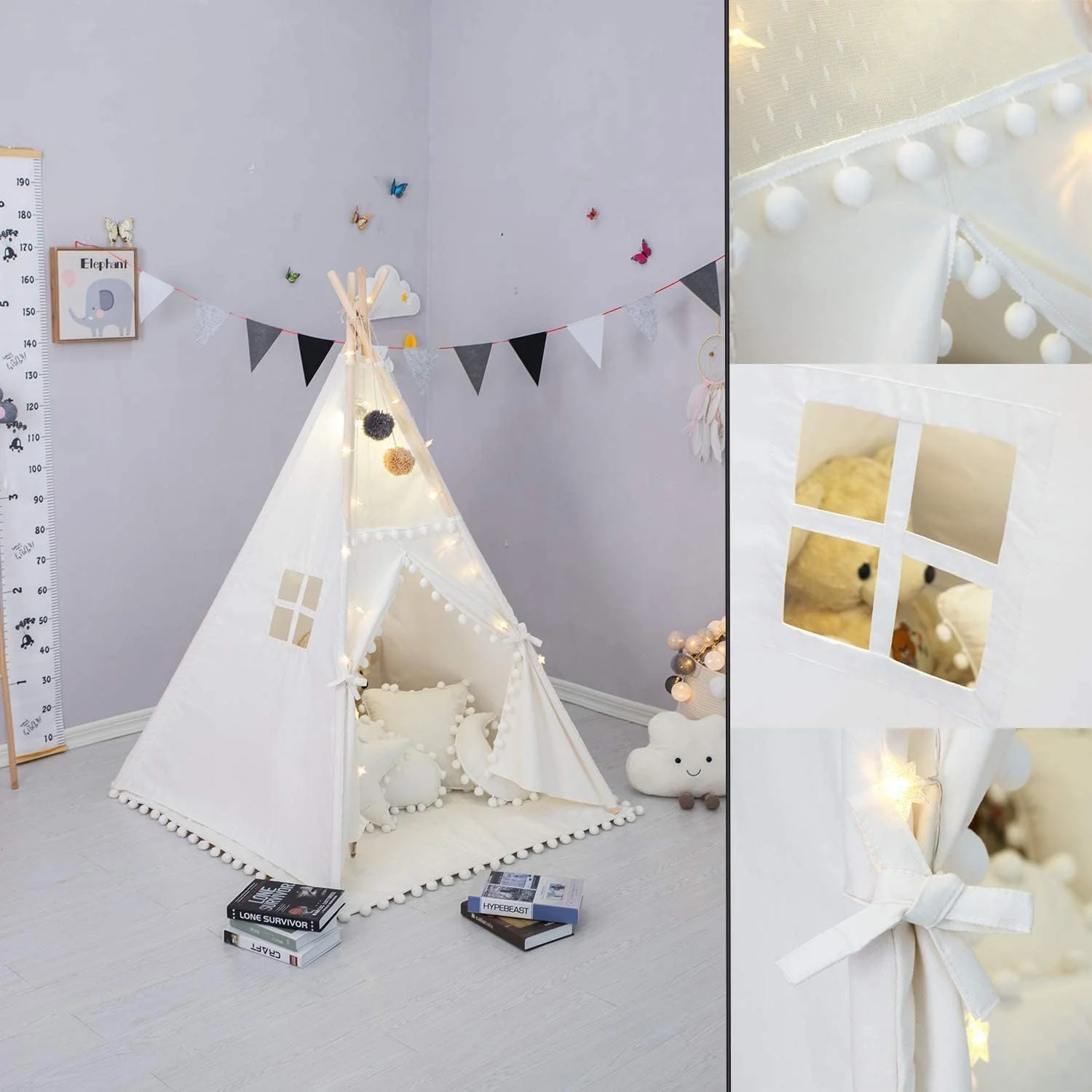 چادر تیپی کودکانه با میله های چوبی، چادر بازی کودکانه برای دختران و پسران، چادر بازی تاشو کودکانه به همراه کیف دستی و چراغ های ریسه ای، اسباب بازی های سرپوشیده و فضای باز کودکان