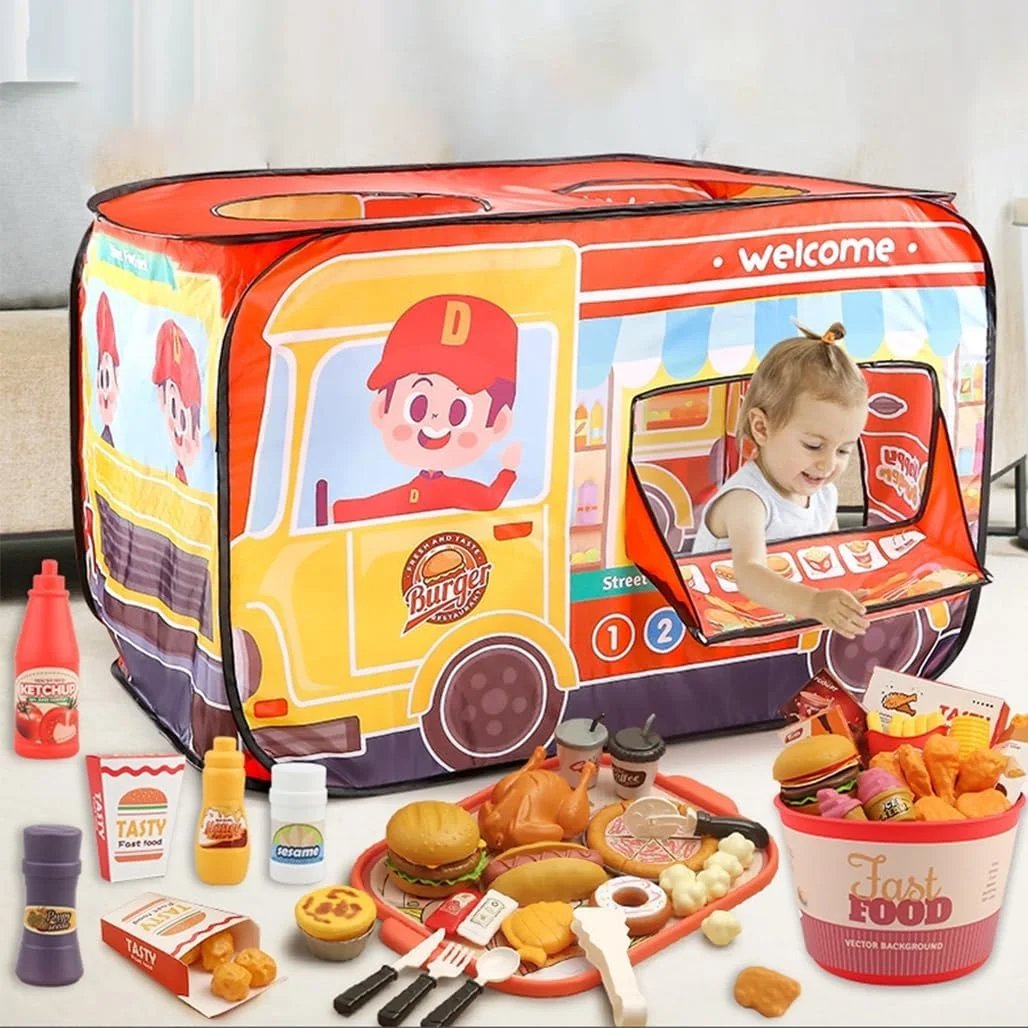 چادر بازی کامیون غذا BIGTHREE، چادر بازی کودکان برای داخل خانه، استند لیموناد با سازماندهی آسان، چادر فضای باز، خانه بازی سرپوشیده با پنجره، هدیه تولد برای دختران و پسران، بازی با 2-3 کودک