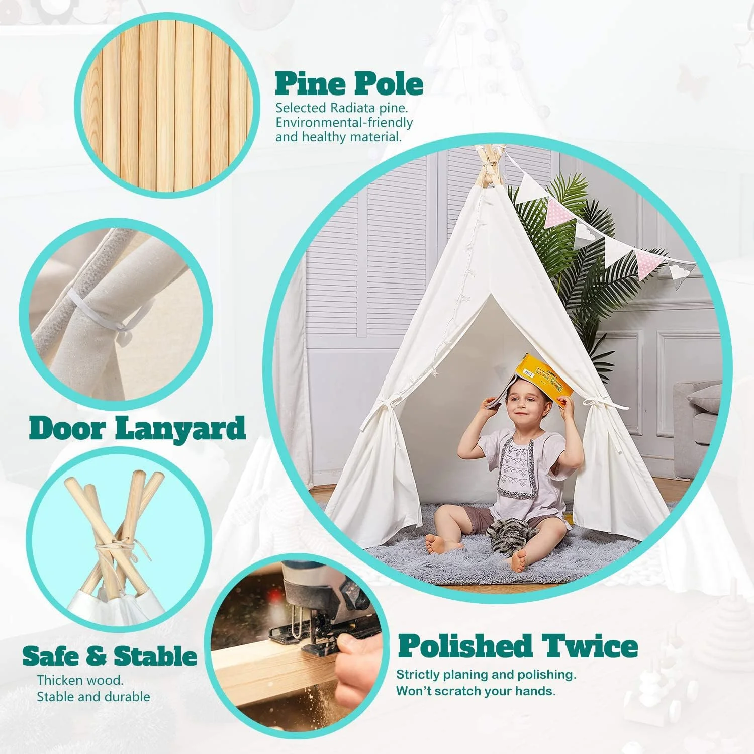 چادر تیپی برای کودکان، مناسب برای داخل خانه، چادر بازی تیپی کودکانه برای دختران و پسران، خانه بازی تاشو کودکان