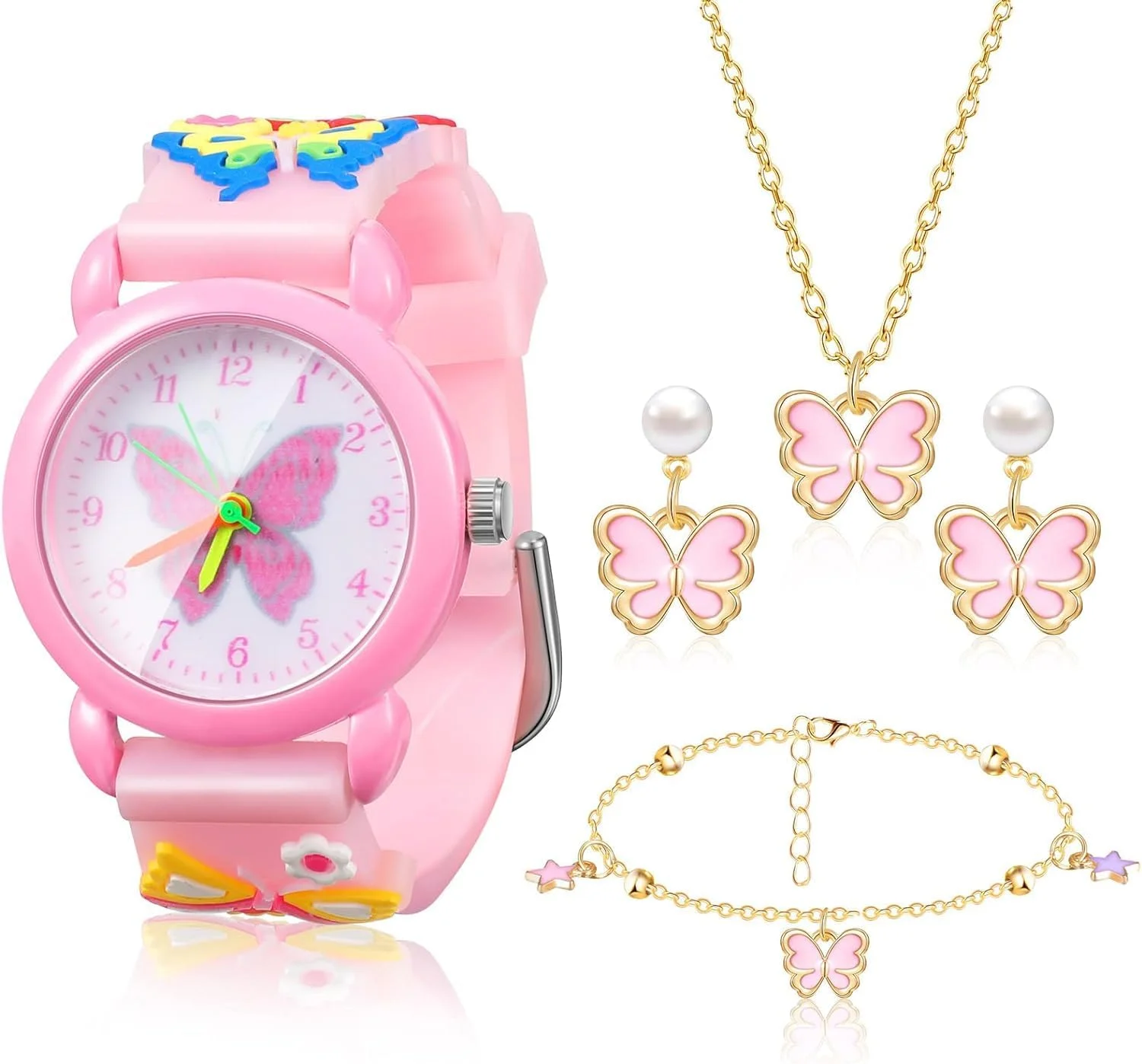 ست ساعت و جواهرات دخترانه SYOSI، ساعت پروانه ای دخترانه زیبا با گردنبند پروانه ای و دستبند، ساعت مچی سیلیکونی کارتونی سه بعدی صورتی با گردنبند و گوشواره برای هدیه تولد دختران