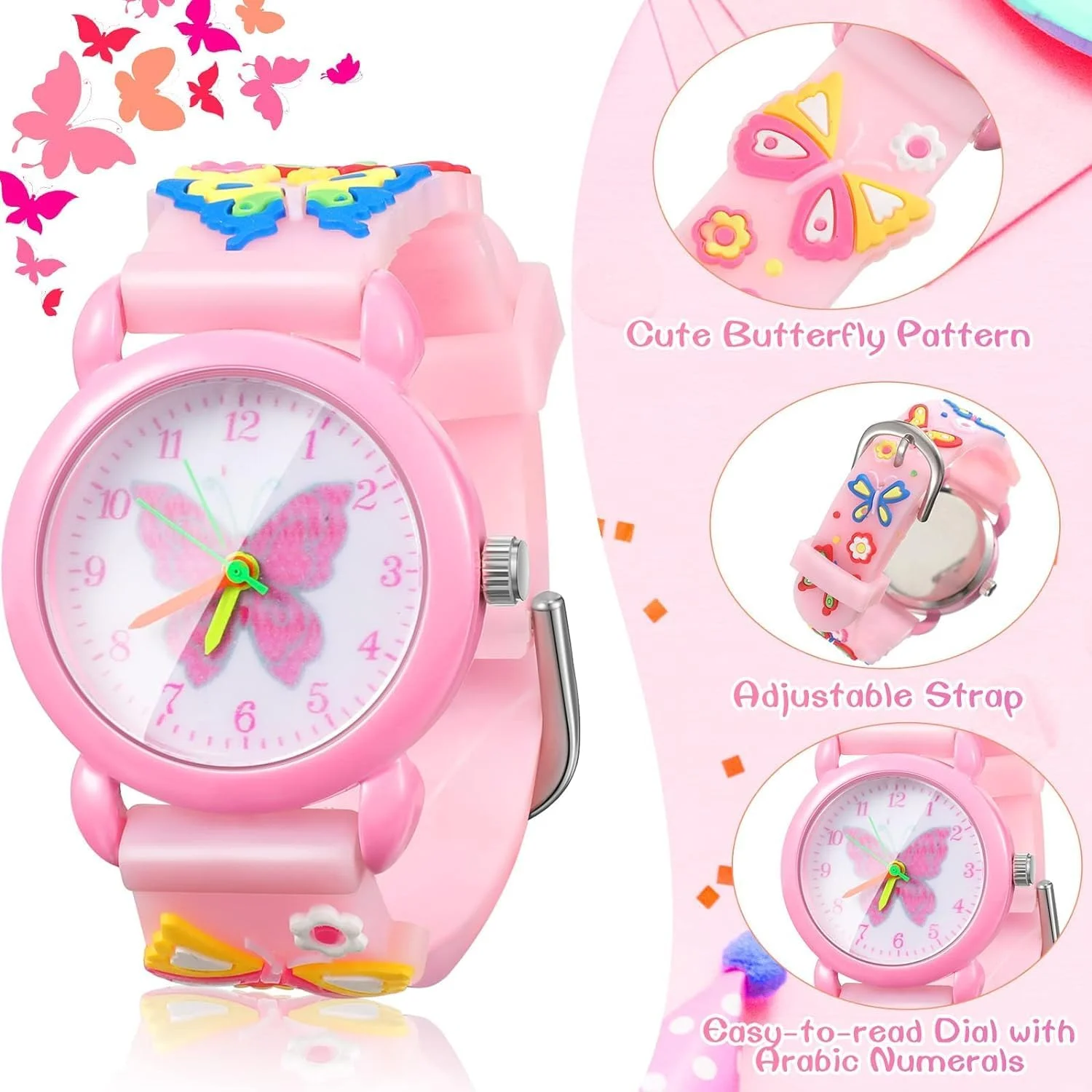 ست ساعت و جواهرات دخترانه SYOSI، ساعت پروانه ای دخترانه زیبا با گردنبند پروانه ای و دستبند، ساعت مچی سیلیکونی کارتونی سه بعدی صورتی با گردنبند و گوشواره برای هدیه تولد دختران