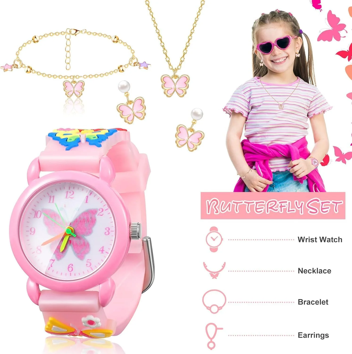 ست ساعت و جواهرات دخترانه SYOSI، ساعت پروانه ای دخترانه زیبا با گردنبند پروانه ای و دستبند، ساعت مچی سیلیکونی کارتونی سه بعدی صورتی با گردنبند و گوشواره برای هدیه تولد دختران