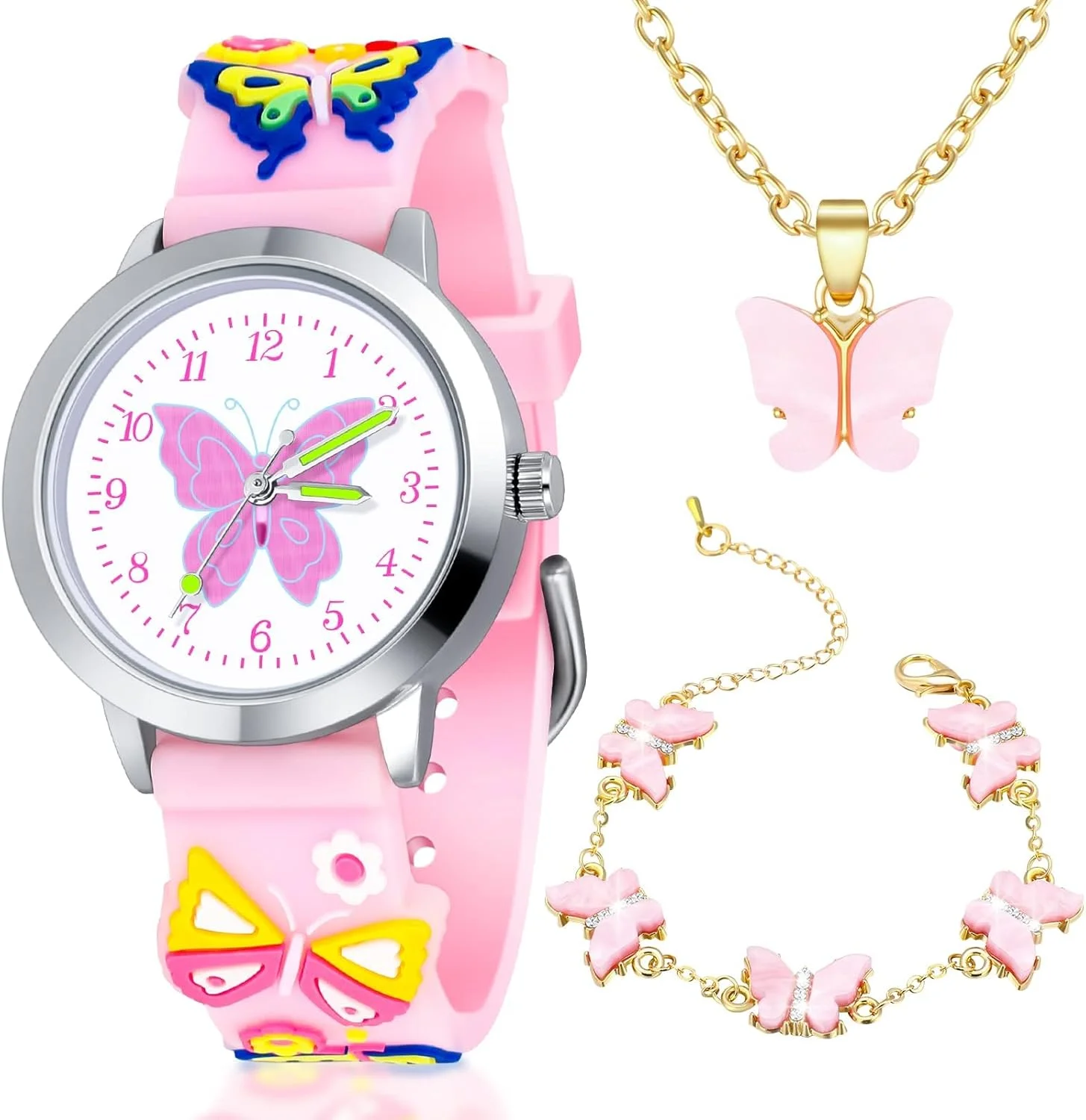 ساعت آنالوگ بچگانه SYOSI برای دختران، ساعت پروانه ای دخترانه زیبا با دستبند گردنبند پروانه ای، ساعت های سیلیکونی کارتونی سه بعدی دخترانه با عقربه ها و اعداد خوانا برای هدیه تولد