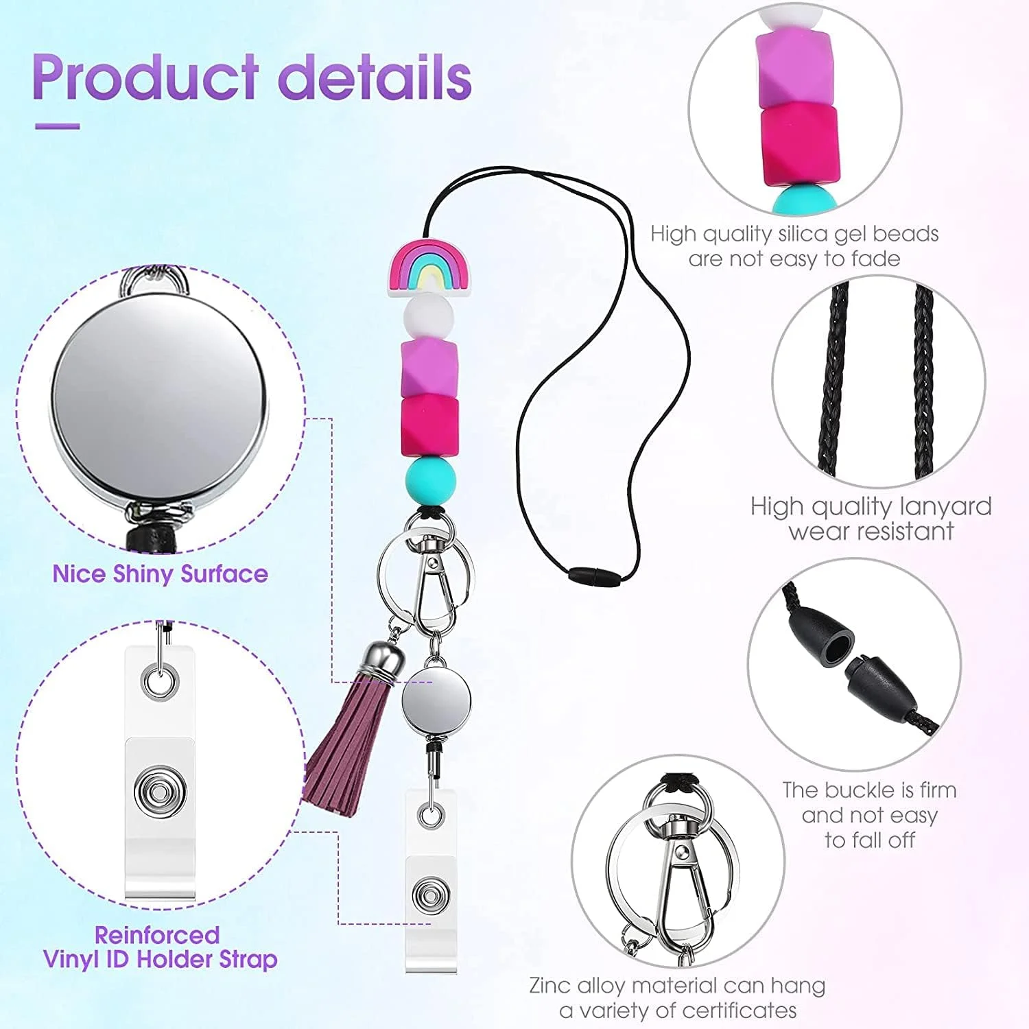 بند آویز مهره‌دار سیلیکونی SYOSI برای کارت شناسایی و کلید، 3 ست گردنبند بند آویز گردنی بوهو با نگهدارنده قرقره نشان جمع شونده، بند آویز منگوله دار جاکلیدی برای زنان دختران معلمان دانش آموزان پرستاران