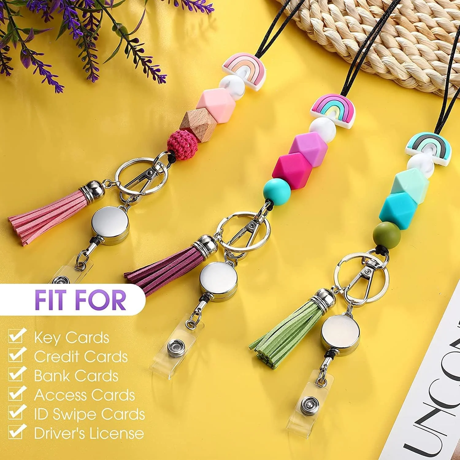 بند آویز مهره‌دار سیلیکونی SYOSI برای کارت شناسایی و کلید، 3 ست گردنبند بند آویز گردنی بوهو با نگهدارنده قرقره نشان جمع شونده، بند آویز منگوله دار جاکلیدی برای زنان دختران معلمان دانش آموزان پرستاران