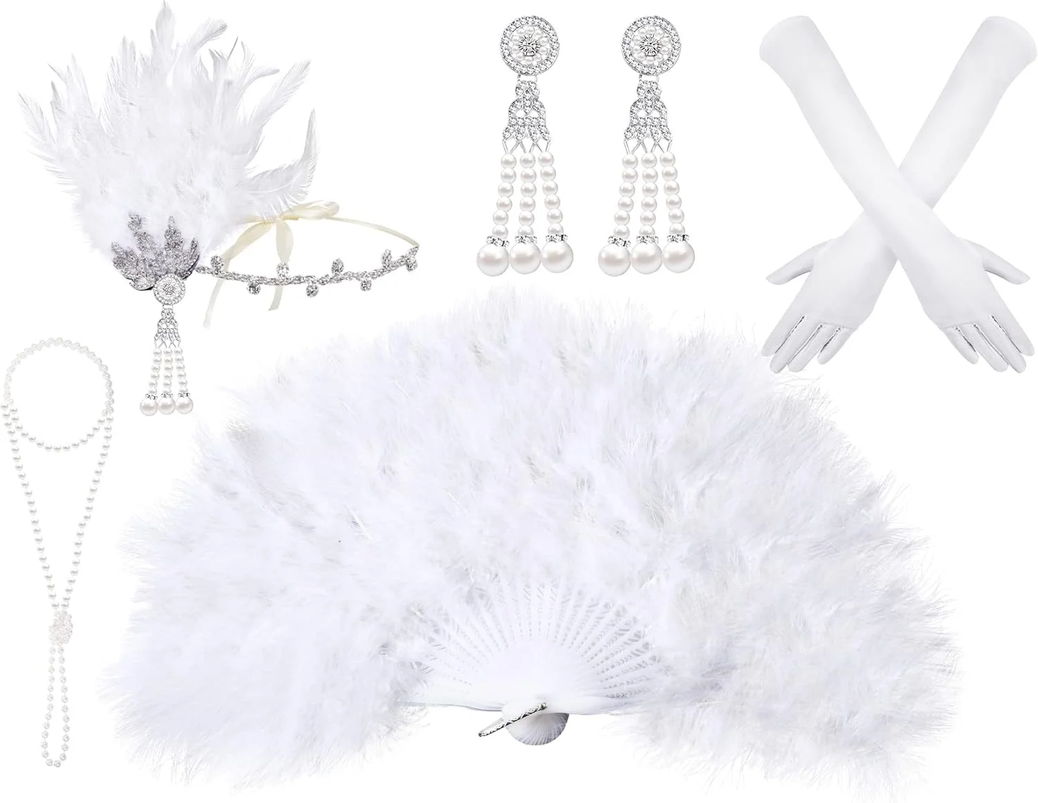 ست لوازم جانبی لباس زنانه دهه 1920، ست لوازم جانبی لباس گتسبی SYOSI برای زنان شامل هدپیس، گوشواره، دستکش، جا سیگاری، گردنبند مروارید و بادبزن پر