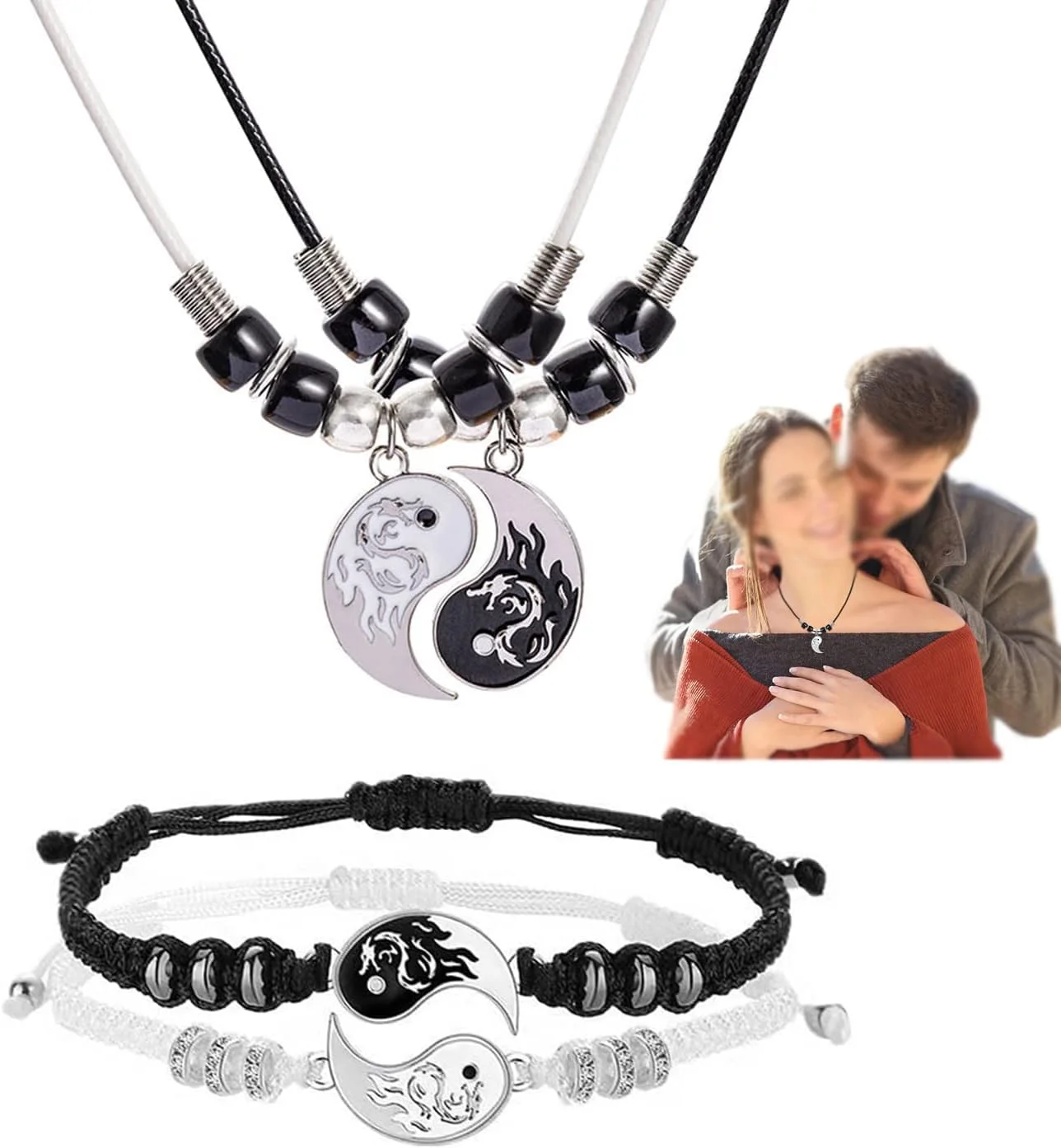 ست گردنبند و دستبند یین یانگ استیل SYOSI، دستبند و زنجیر طنابی اژدها قابل تنظیم برای دوستی، ست هدیه جواهرات 2 تکه برای مردان و زنان