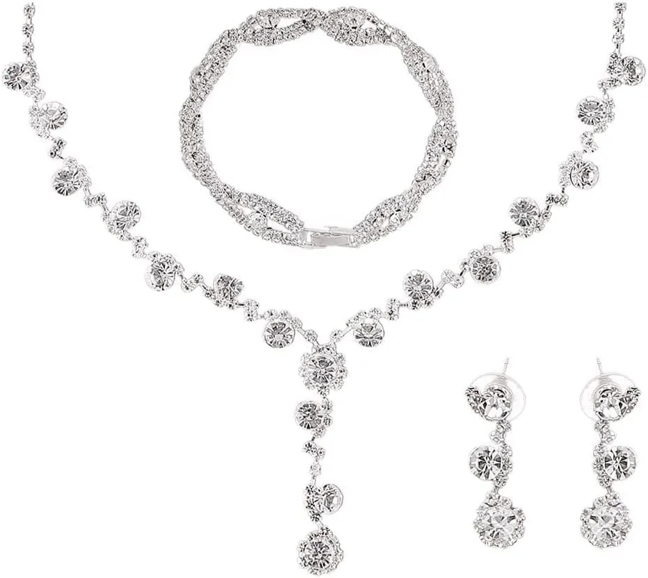 ست زیورآلات عروس SYOSI، شامل گردنبند، دستبند و گوشواره نگین دار نقره ای، مناسب مجالس نامزدی و جشن