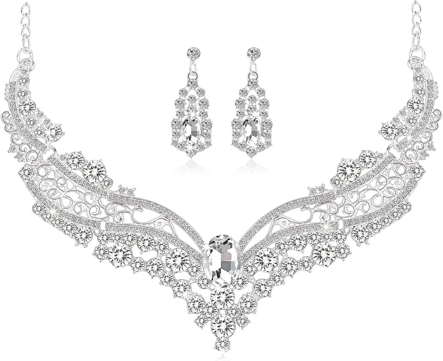 ست جواهرات عروس SYOSI نقره ای کریستالی شامل گردنبند عروسی، گوشواره و آویز نگین دار اشکی، مناسب برای زنان و ساقدوش عروس (ست 3 تکه)
