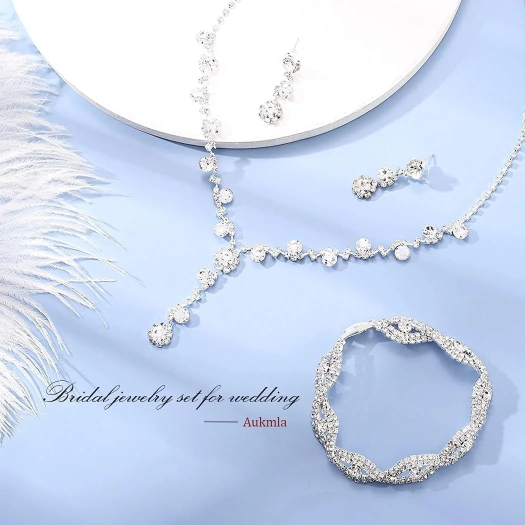 ست زیورآلات عروس SYOSI، شامل گردنبند، دستبند و گوشواره نگین دار نقره ای، مناسب مجالس نامزدی و جشن ست زیورآلات عروس SYOSI، شامل گردنبند، دستبند و گوشواره نگین دار نقره ای، مناسب مجالس نامزدی و جشن
