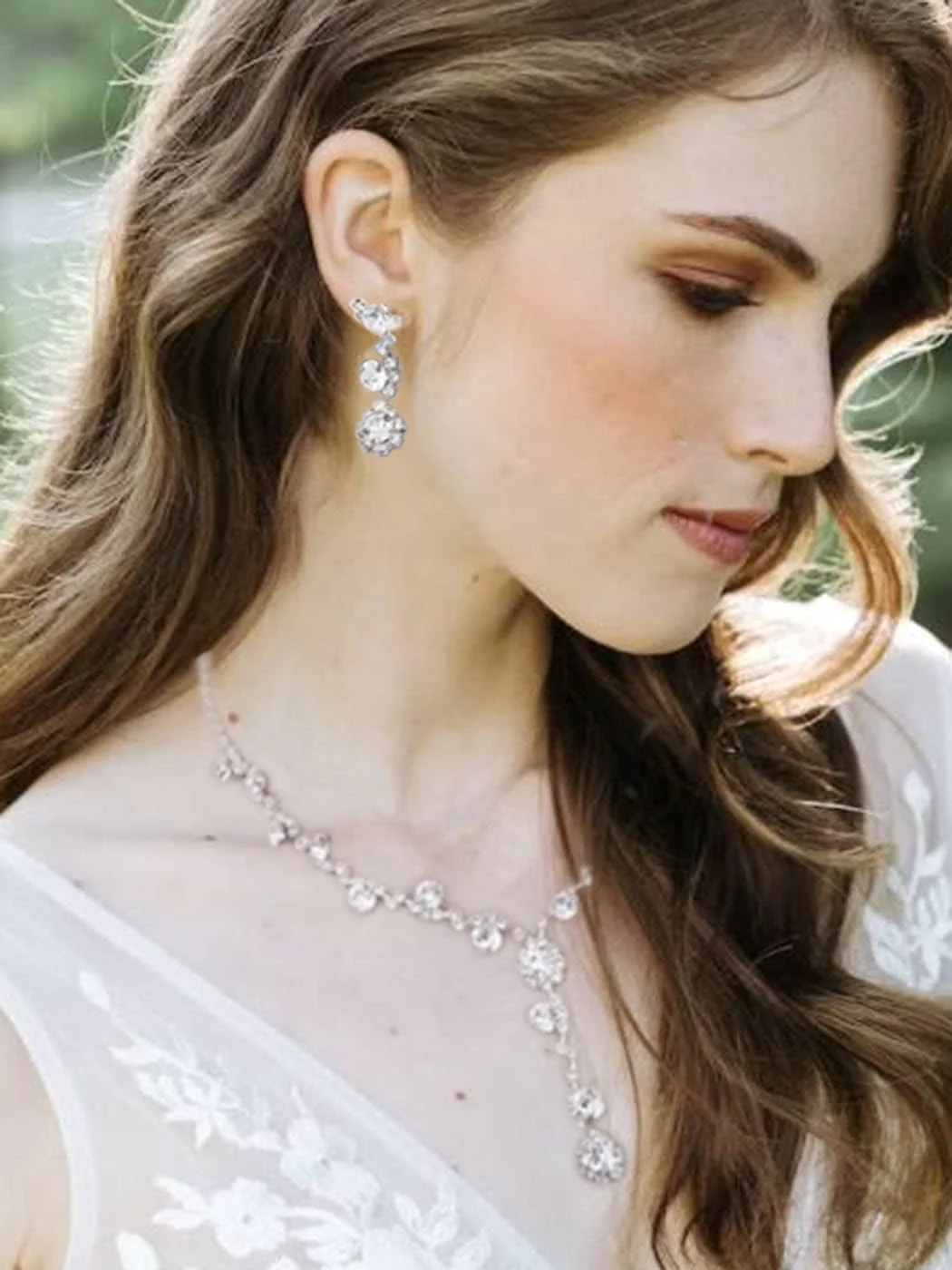 ست زیورآلات عروس SYOSI، شامل گردنبند، دستبند و گوشواره نگین دار نقره ای، مناسب مجالس نامزدی و جشن ست زیورآلات عروس SYOSI، شامل گردنبند، دستبند و گوشواره نگین دار نقره ای، مناسب مجالس نامزدی و جشن