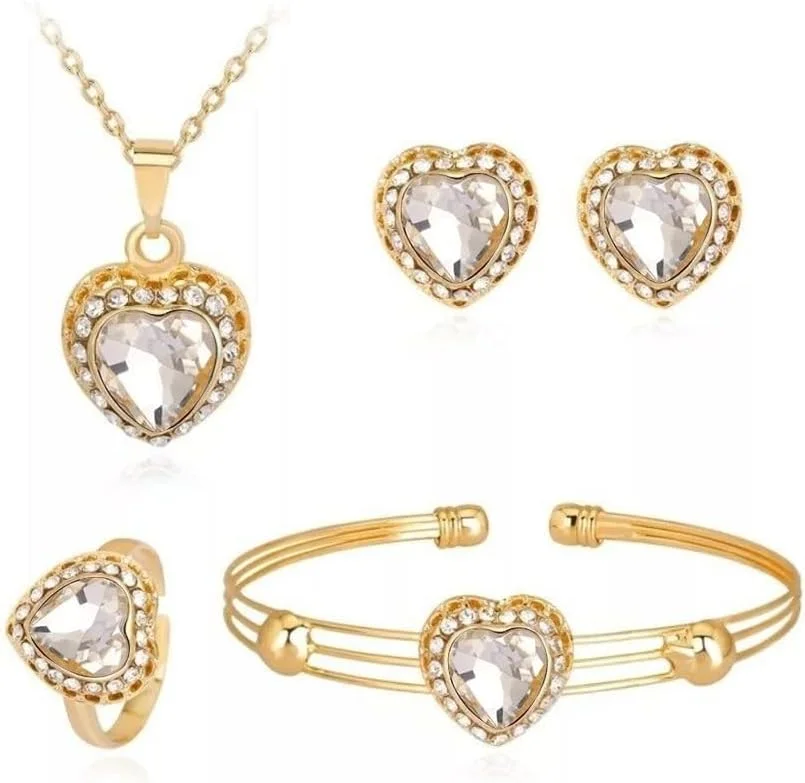 ست جواهرات قلب دوست‌داشتنی SYOSI شامل گردنبند آویز، گوشواره، انگشتر و دستبند - ست 4 تکه با سنگ‌های قیمتی زیبا، گردنبند آویز، شیک و مجلسی برای مهمانی عروسی