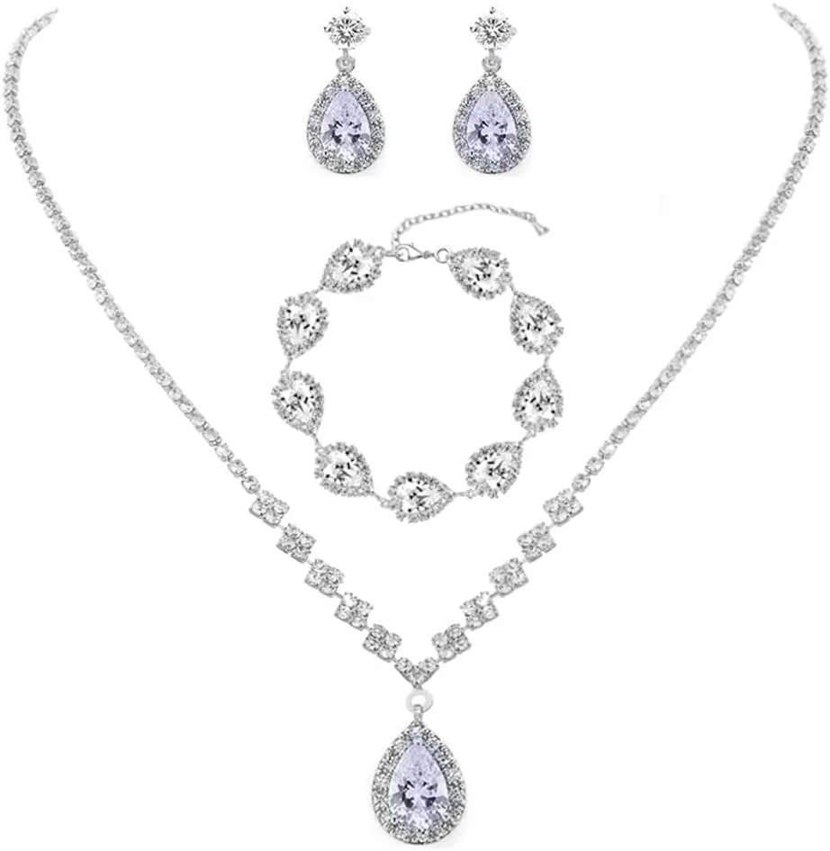 ست گوشواره و گردنبند کریستالی عروس SYOSI، ست جواهرات عروسی، گردنبند چوکر نگین دار، ست جواهرات لباس مجلسی زنانه و عروس