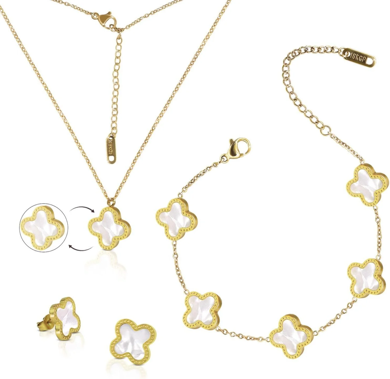 ست شبدر SYOSI با روکش طلای 18 عیار، دستبند شبدر خوش شانس دو طرفه، گوشواره، آویز گردنبند برای زنان و بانوان