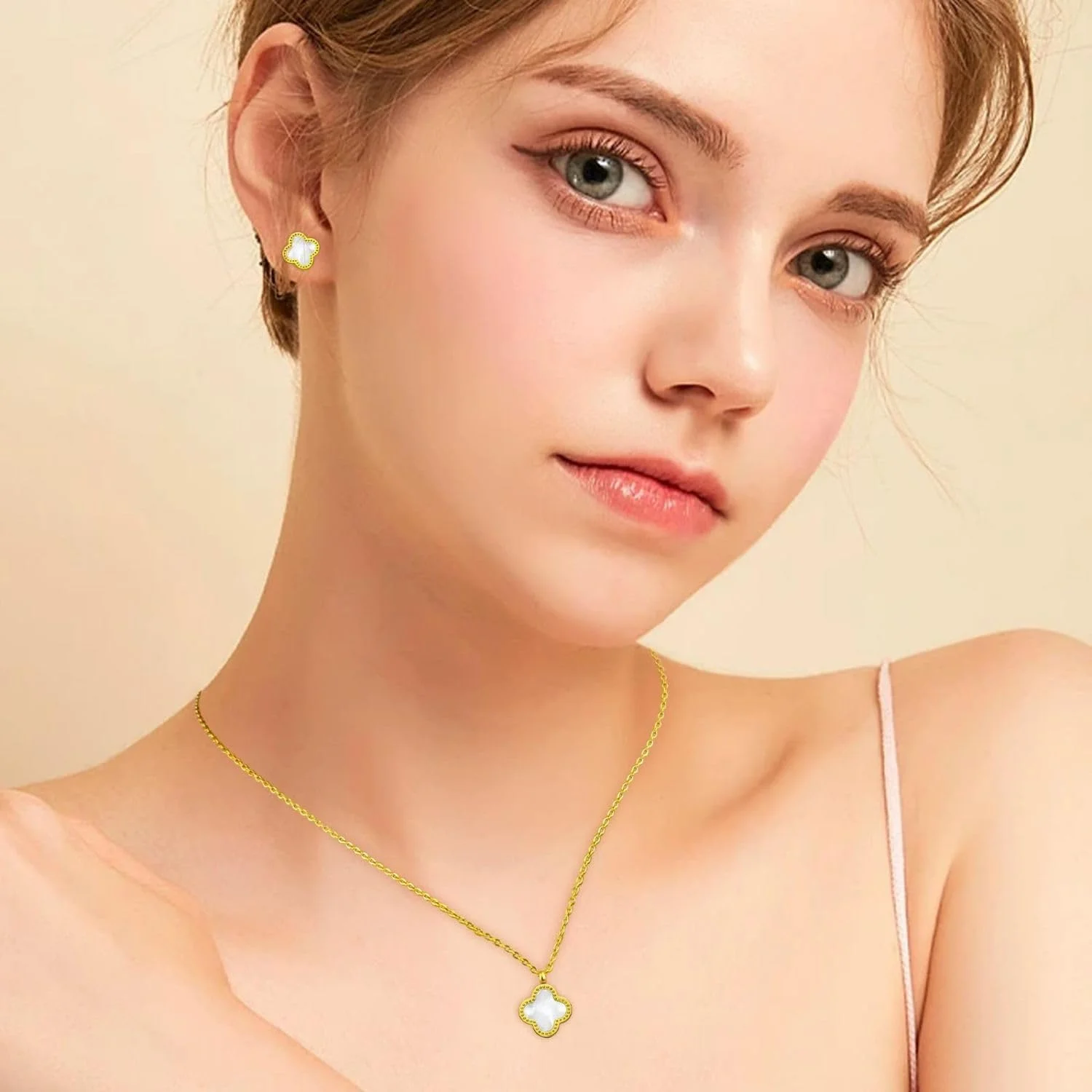 ست شبدر SYOSI با روکش طلای 18 عیار، دستبند شبدر خوش شانس دو طرفه، گوشواره، آویز گردنبند برای زنان و بانوان