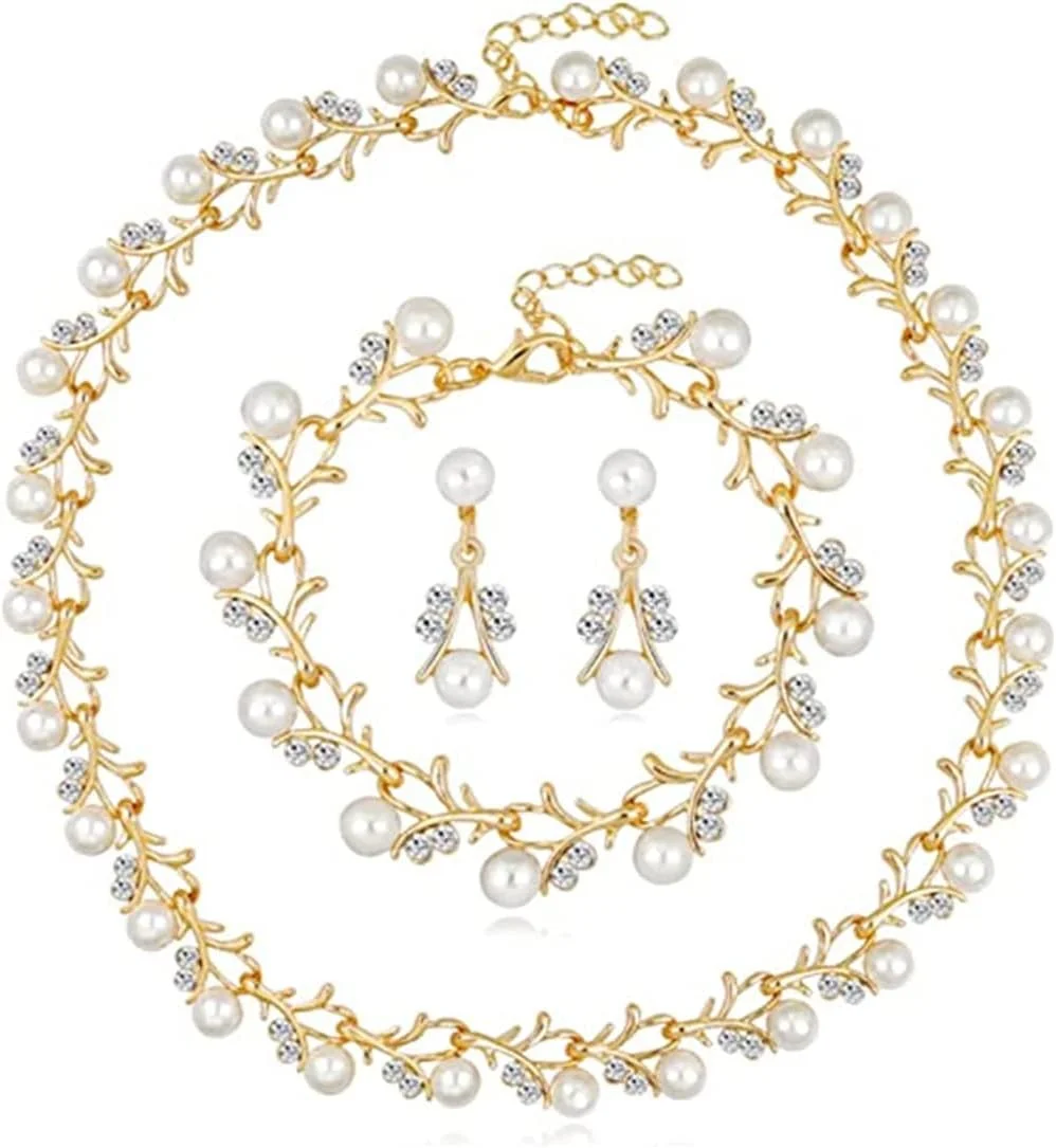 ست جواهرات عروس مرواریدی SYOSI، ست های گردنبند، دستبند و گوشواره عروس کریستالی، ست جواهرات لباس مجلسی با گردنبند چوکر نگین دار، برای زنان و دختران