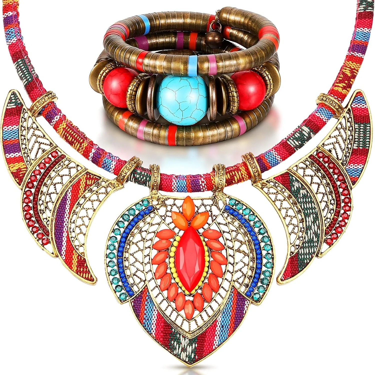 گردنبند چوکر مهره دار SYOSI، گردنبند مهره ای قبیله ای به سبک قومی، گردنبند یقه ای رنگارنگ و دستبند قبیله ای آفریقایی، دستبند بوهمی