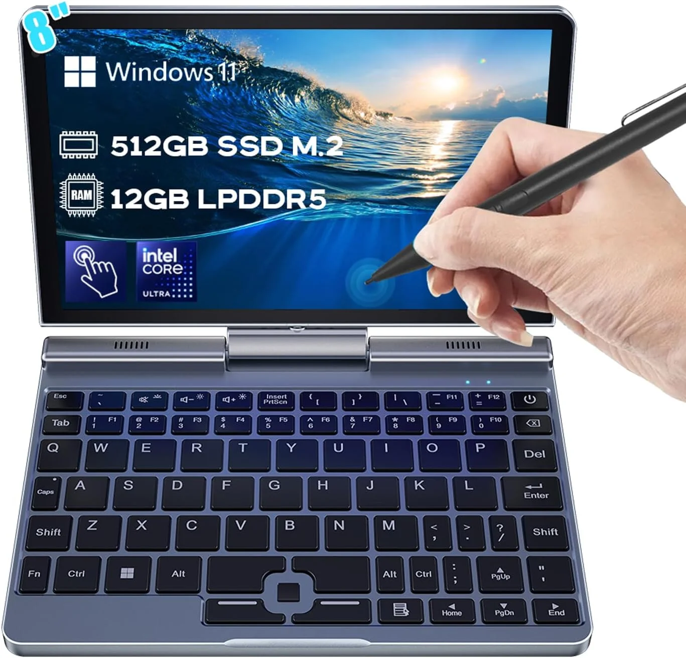 مینی لپ تاپ 2 در 1 Crelander | کامپیوتر جیبی کوچک قابل حمل با صفحه نمایش لمسی 8 اینچی | پردازنده Intel نسل 12 N100 | رم 12 گیگابایتی DDR5 و SSD 512 گیگابایتی | شارژ PD 30W | WiFi6 BT5.2 | صفحه کلید با نور پس زمینه | ویندوز 11