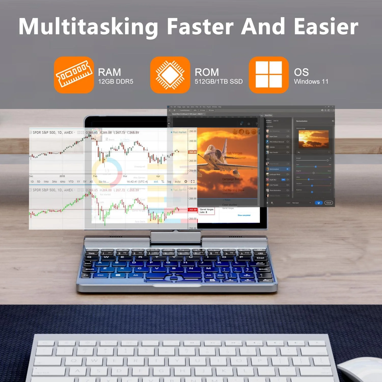 مینی لپ تاپ 2 در 1 Crelander | کامپیوتر جیبی کوچک قابل حمل با صفحه نمایش لمسی 8 اینچی | پردازنده Intel نسل 12 N100 | رم 12 گیگابایتی DDR5 و SSD 512 گیگابایتی | شارژ PD 30W | WiFi6 BT5.2 | صفحه کلید با نور پس زمینه | ویندوز 11