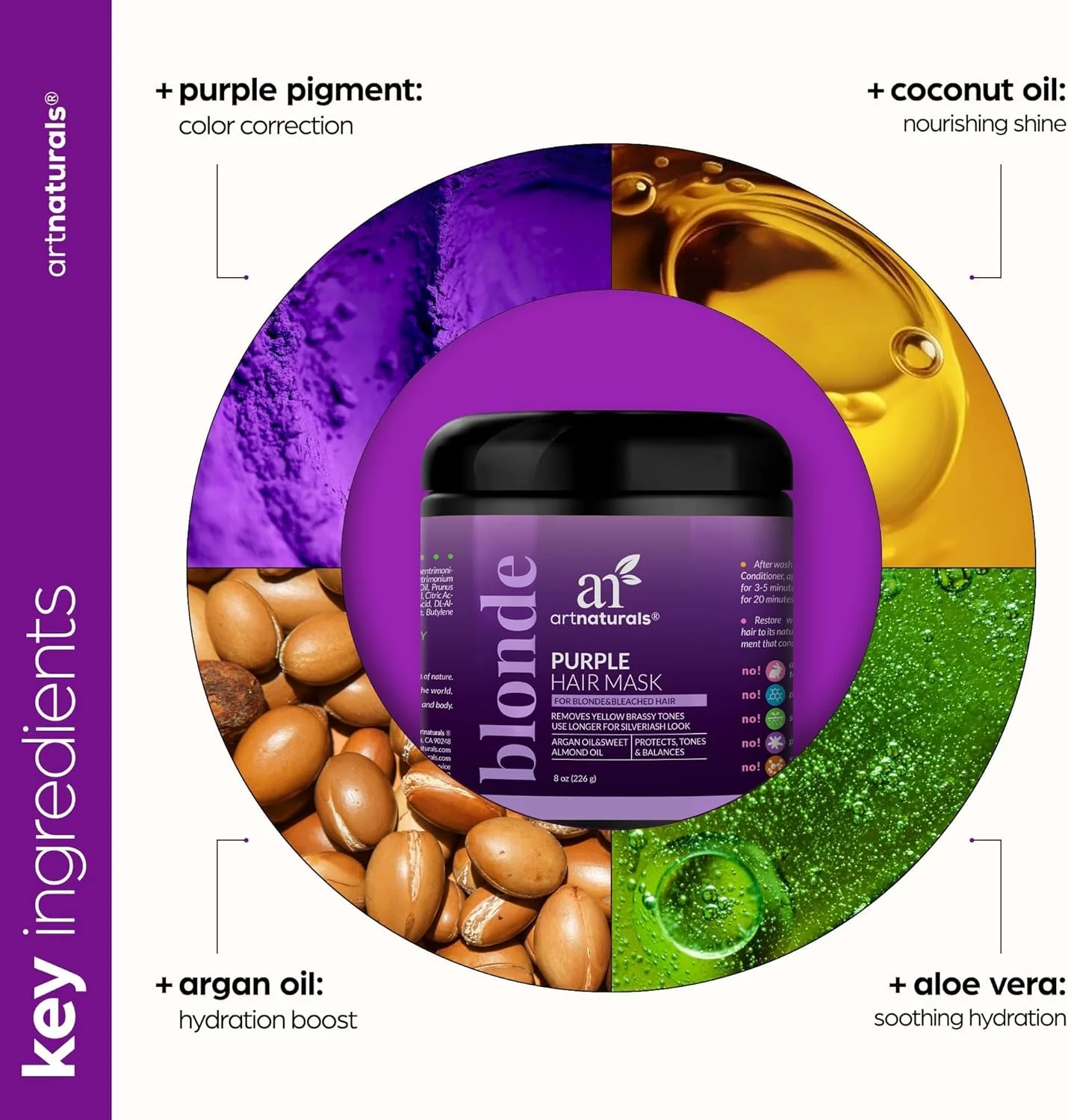 ماسک موی بنفش آرت نچرالز برای موهای بلوند، نقره ای و پلاتینه - از بین برنده رنگ زرد و نارنجی، ترمیم کننده موهای خشک و دکلره شده - درمان نرم کننده عمیق و مرطوب کننده مو - بدون سولفات (237 میلی لیتر/226 گرم) ماسک موی بنفش آرت نچرالز برای موهای بلوند، نقره ای و پلاتینه - از بین برنده رنگ زرد و نارنجی، ترمیم کننده موهای خشک و دکلره شده - درمان نرم کننده عمیق و مرطوب کننده مو - بدون سولفات (237 میلی لیتر/226 گرم)