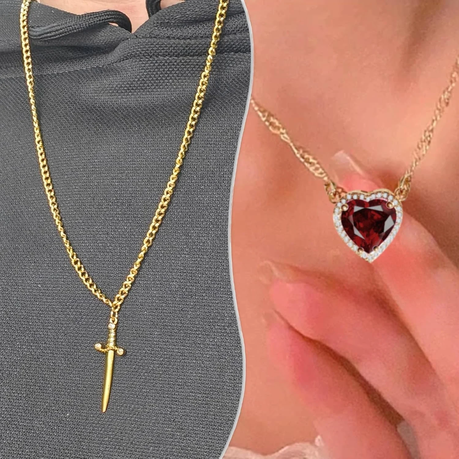 ست گردنبند زوج استیل طلایی، آویز قلب صورتی زیرکونیا و طرح شمشیر، هدیه جواهرات رمانتیک ست برای زوج ها، سالگرد، روز ولنتاین ست گردنبند زوج استیل طلایی، آویز قلب صورتی زیرکونیا و طرح شمشیر، هدیه جواهرات رمانتیک ست برای زوج ها، سالگرد، روز ولنتاین