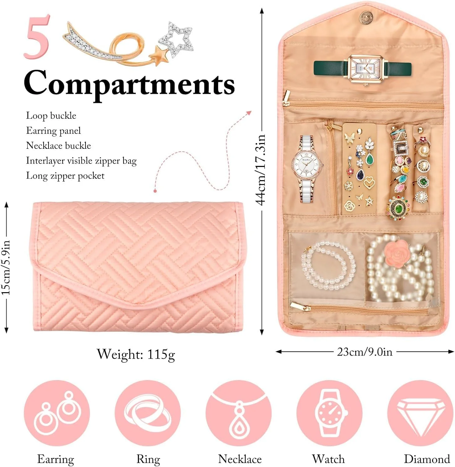 کیف جواهرات مسافرتی خزنه، کیف تاشو برای سفر - مناسب انگشتر، گردنبند، دستبند، گوشواره، صورتی ملایم کیف جواهرات مسافرتی خزنه، کیف تاشو برای سفر - مناسب انگشتر، گردنبند، دستبند، گوشواره، صورتی ملایم