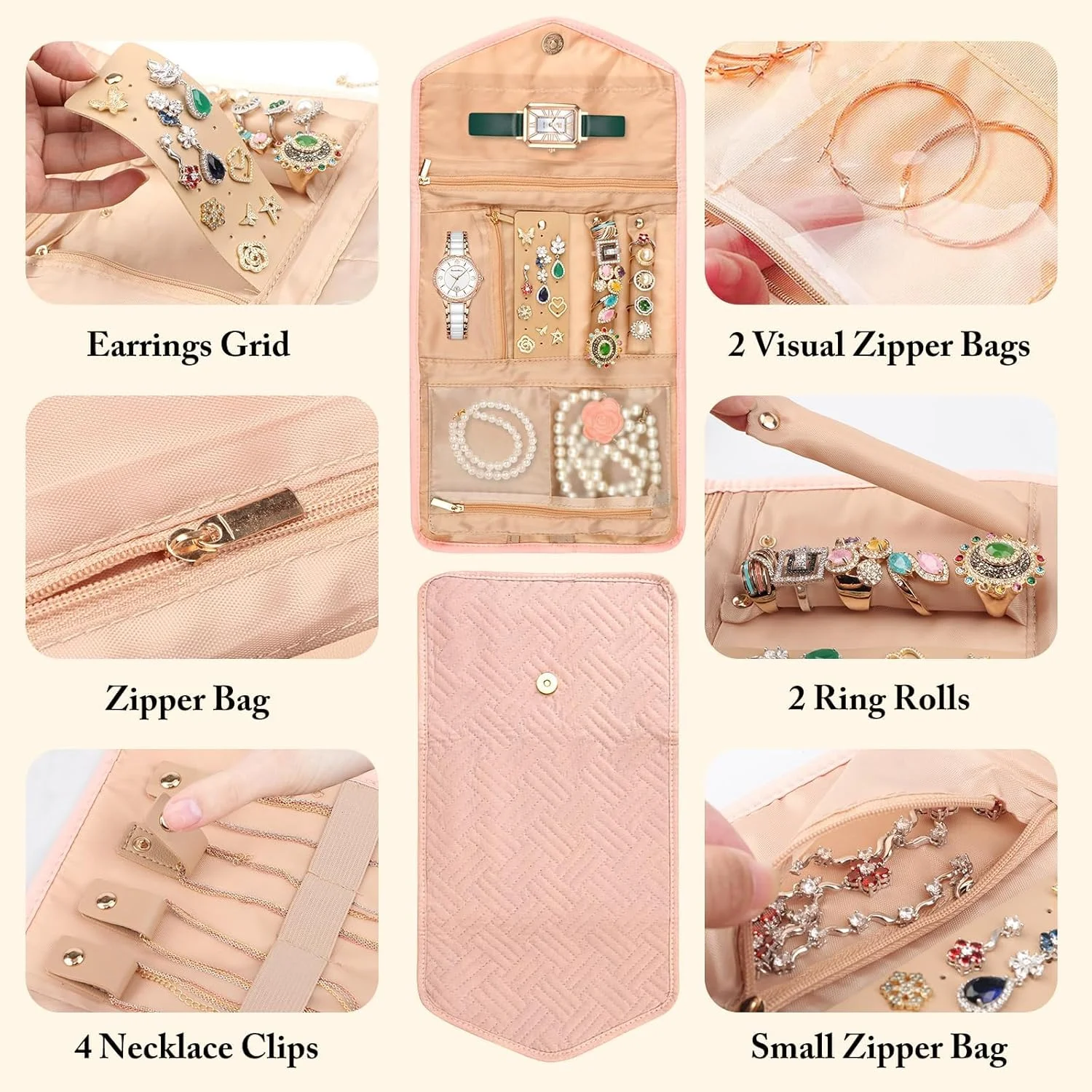 کیف جواهرات مسافرتی خزنه، کیف تاشو برای سفر - مناسب انگشتر، گردنبند، دستبند، گوشواره، صورتی ملایم کیف جواهرات مسافرتی خزنه، کیف تاشو برای سفر - مناسب انگشتر، گردنبند، دستبند، گوشواره، صورتی ملایم