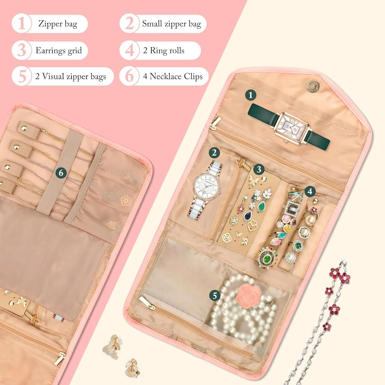 کیف جواهرات مسافرتی خزنه، کیف تاشو برای سفر - مناسب انگشتر، گردنبند، دستبند، گوشواره، صورتی ملایم کیف جواهرات مسافرتی خزنه، کیف تاشو برای سفر - مناسب انگشتر، گردنبند، دستبند، گوشواره، صورتی ملایم