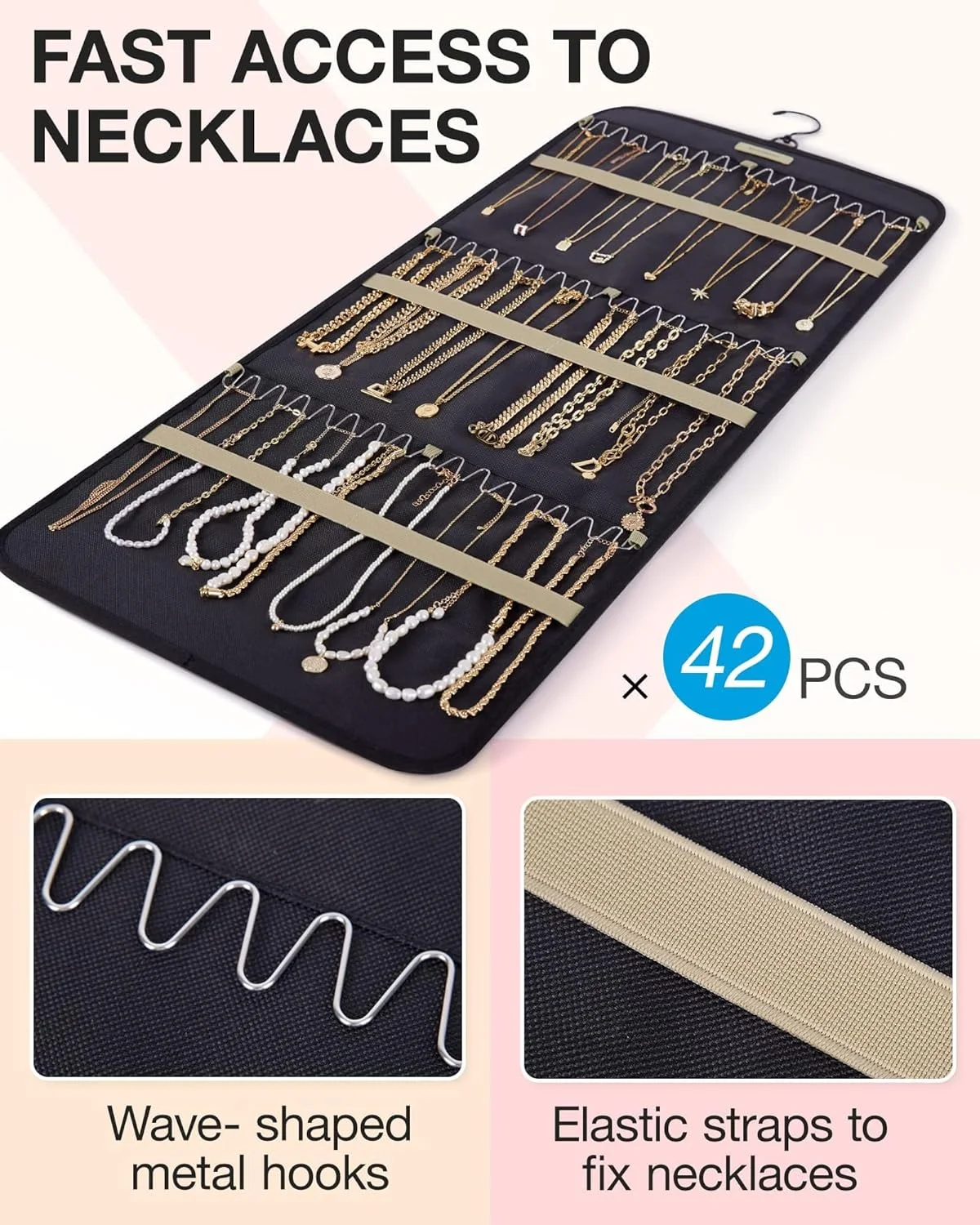 آویز جواهرات خزنه با قلاب های فلزی آویز، نگهدارنده جواهرات دو طرفه برای گوشواره، گردنبند، انگشتر، قابل نصب روی دیوار کمد، بزرگ، مشکی آویز جواهرات خزنه با قلاب های فلزی آویز، نگهدارنده جواهرات دو طرفه برای گوشواره، گردنبند، انگشتر، قابل نصب روی دیوار کمد، بزرگ، مشکی