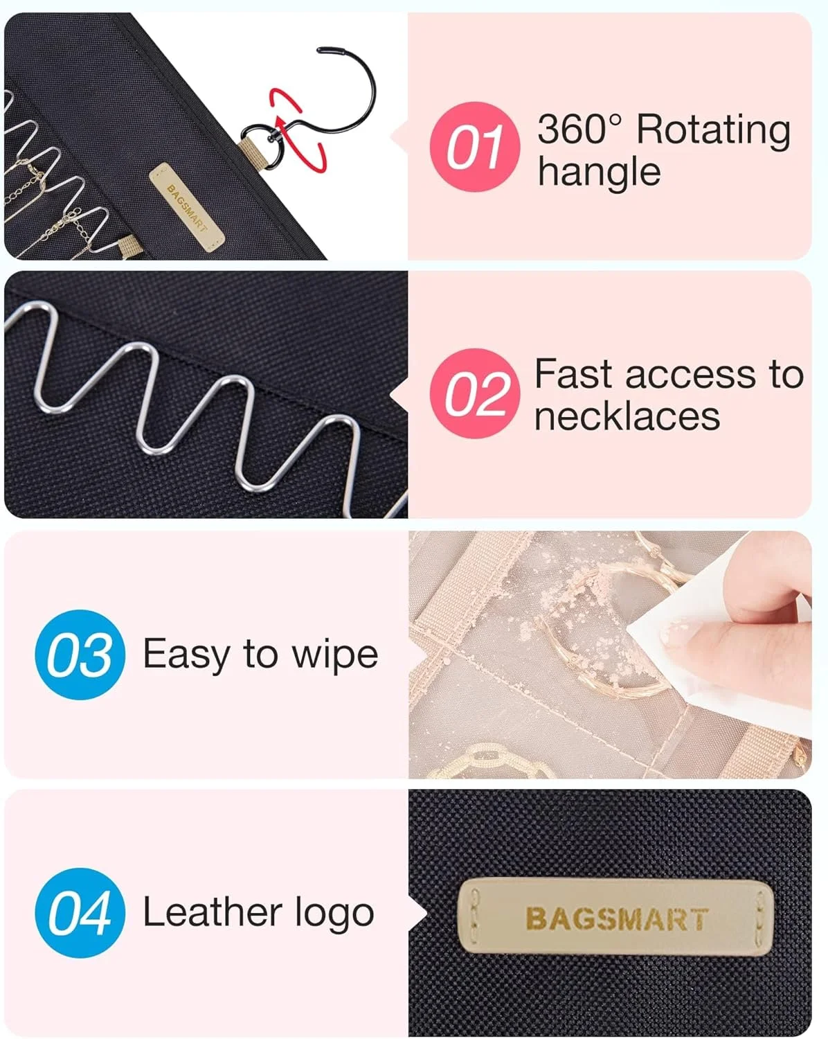 آویز جواهرات خزنه با قلاب های فلزی آویز، نگهدارنده جواهرات دو طرفه برای گوشواره، گردنبند، انگشتر، قابل نصب روی دیوار کمد، بزرگ، مشکی آویز جواهرات خزنه با قلاب های فلزی آویز، نگهدارنده جواهرات دو طرفه برای گوشواره، گردنبند، انگشتر، قابل نصب روی دیوار کمد، بزرگ، مشکی