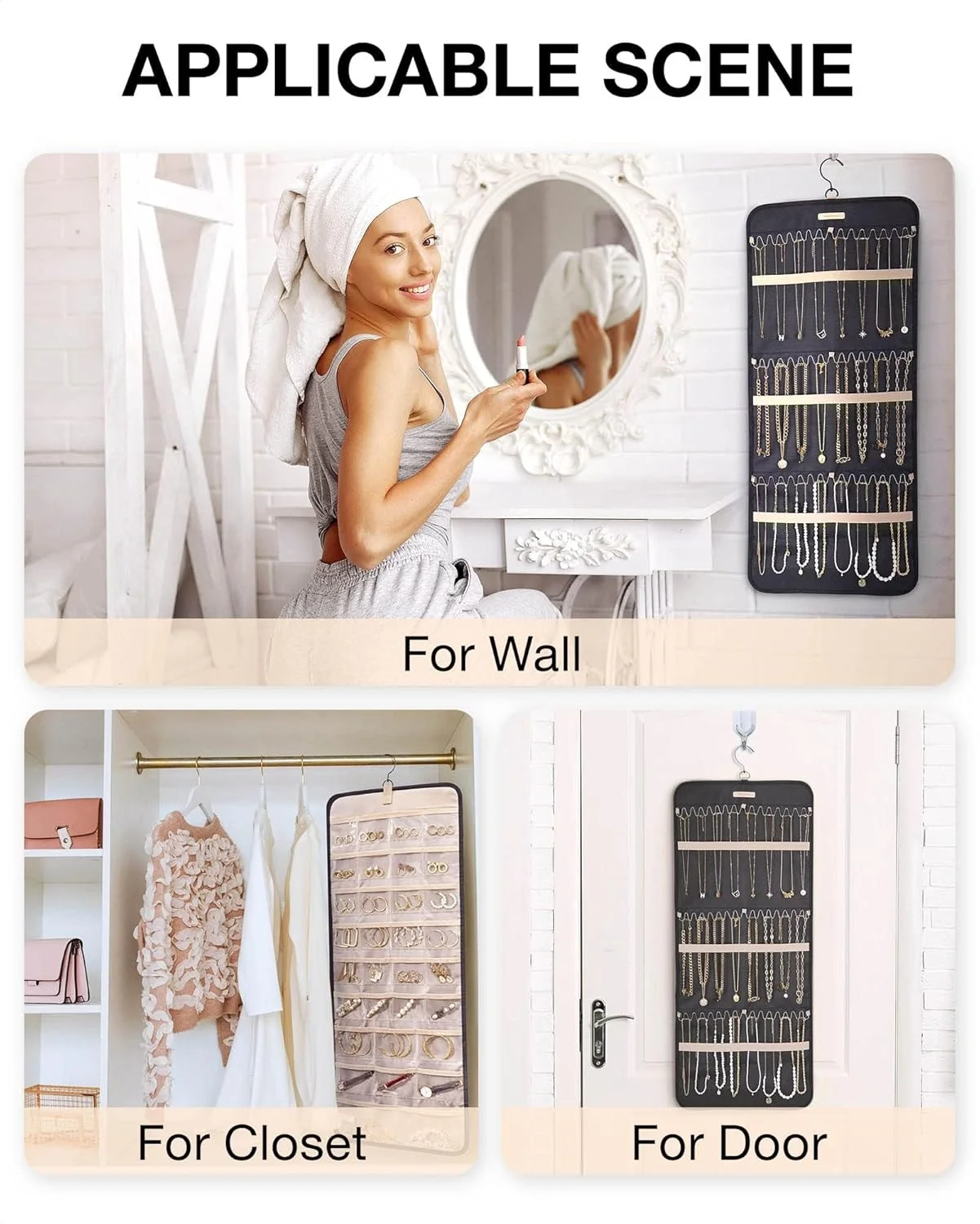 آویز جواهرات خزنه با قلاب های فلزی آویز، نگهدارنده جواهرات دو طرفه برای گوشواره، گردنبند، انگشتر، قابل نصب روی دیوار کمد، بزرگ، مشکی آویز جواهرات خزنه با قلاب های فلزی آویز، نگهدارنده جواهرات دو طرفه برای گوشواره، گردنبند، انگشتر، قابل نصب روی دیوار کمد، بزرگ، مشکی