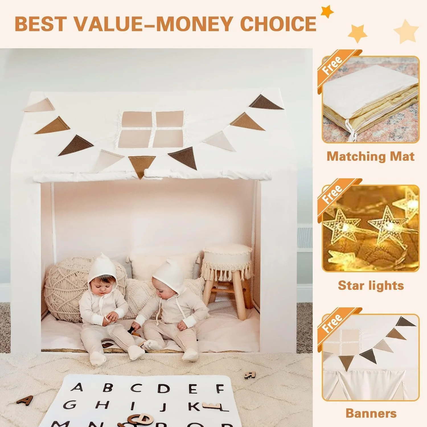 چادر بازی کودک سنکسی، همراه با فرش، خانه بازی بزرگ پریان برای دختران، اسباب بازی هدیه چادر قلعه پرنسس برای دختر بچه نوپا خانه بازی کودکان (قهوه ای جدید)